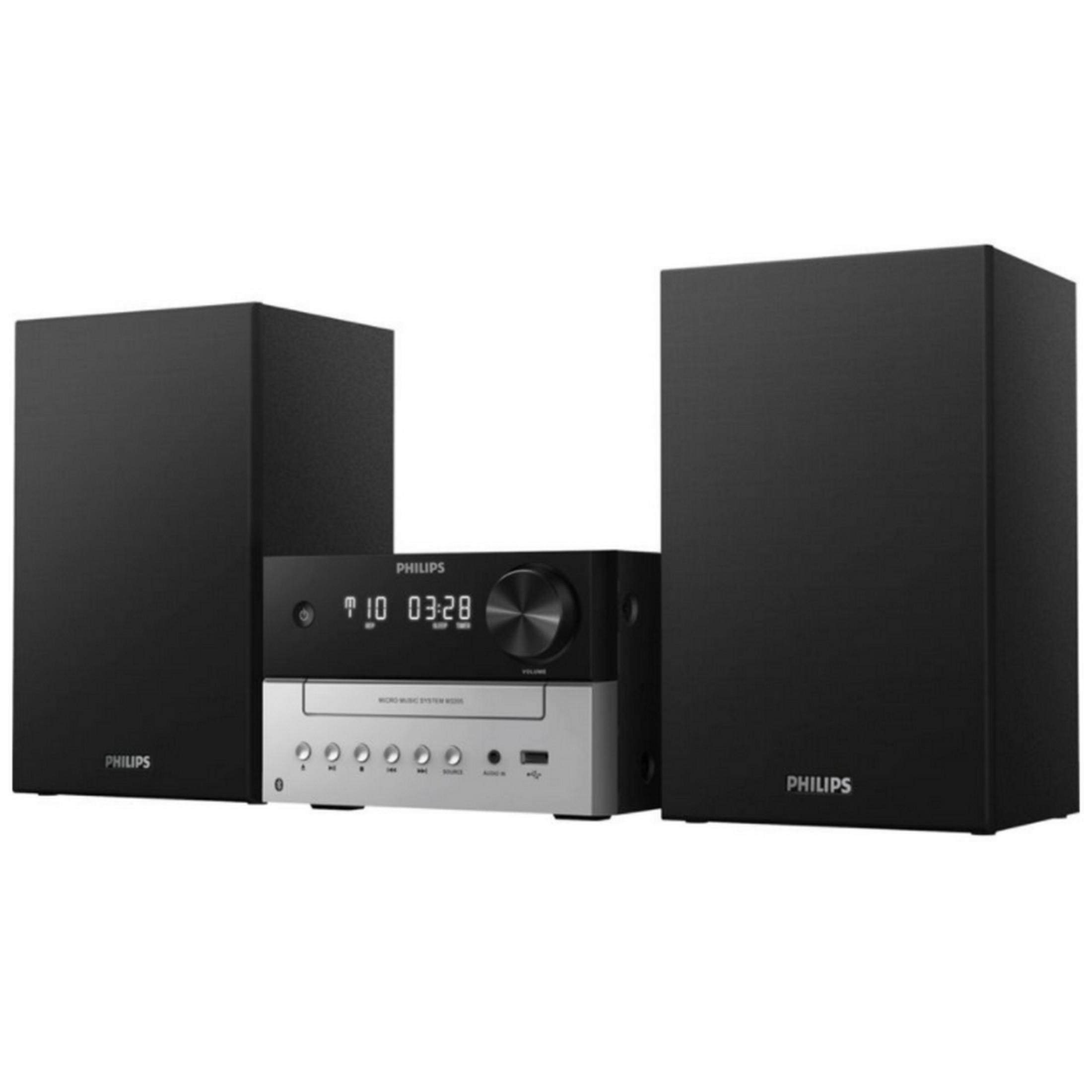 Un sistema stereo Philips con due altoparlanti neri e un'unità centrale.