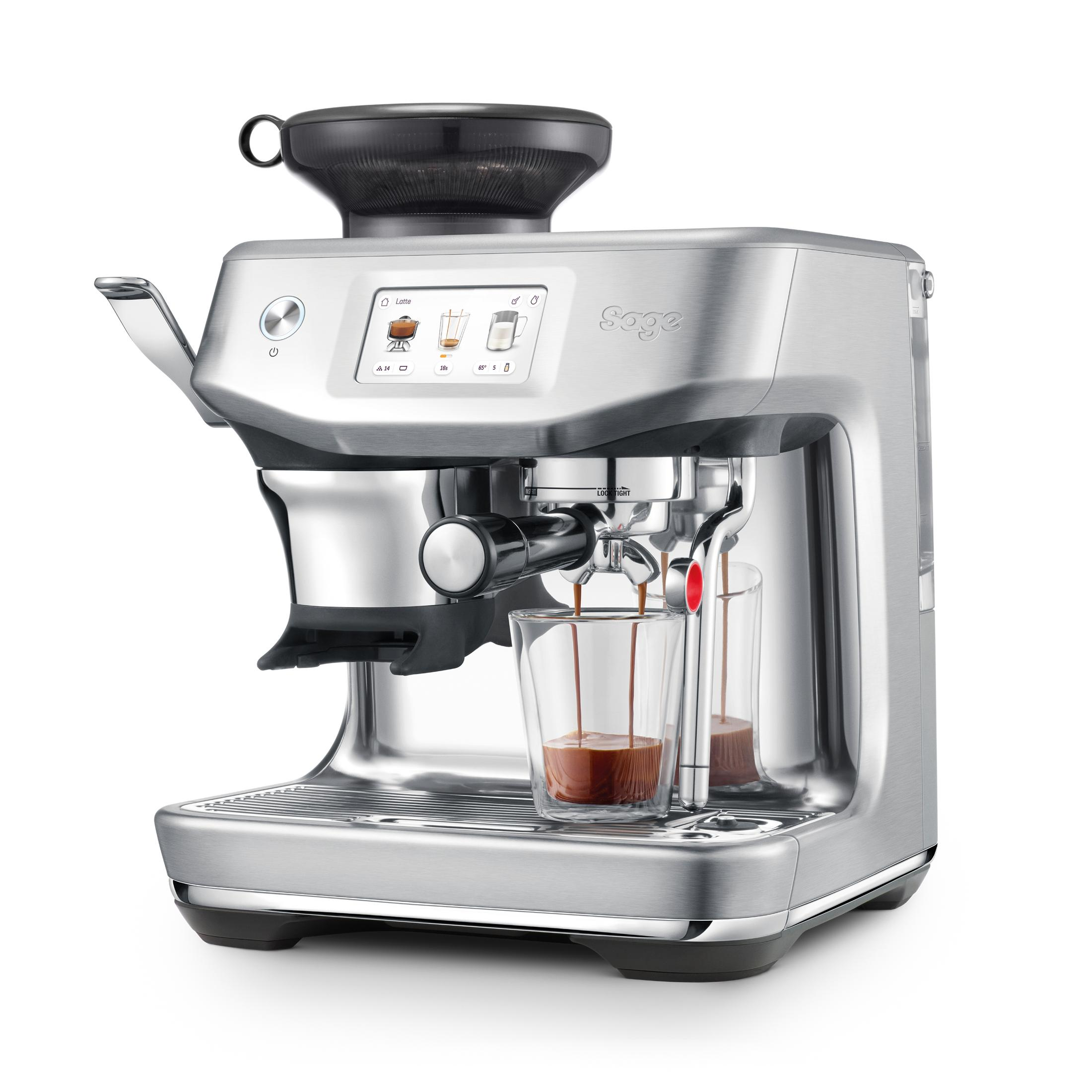 Macchina per espresso argentata prepara caffè in due bicchieri.