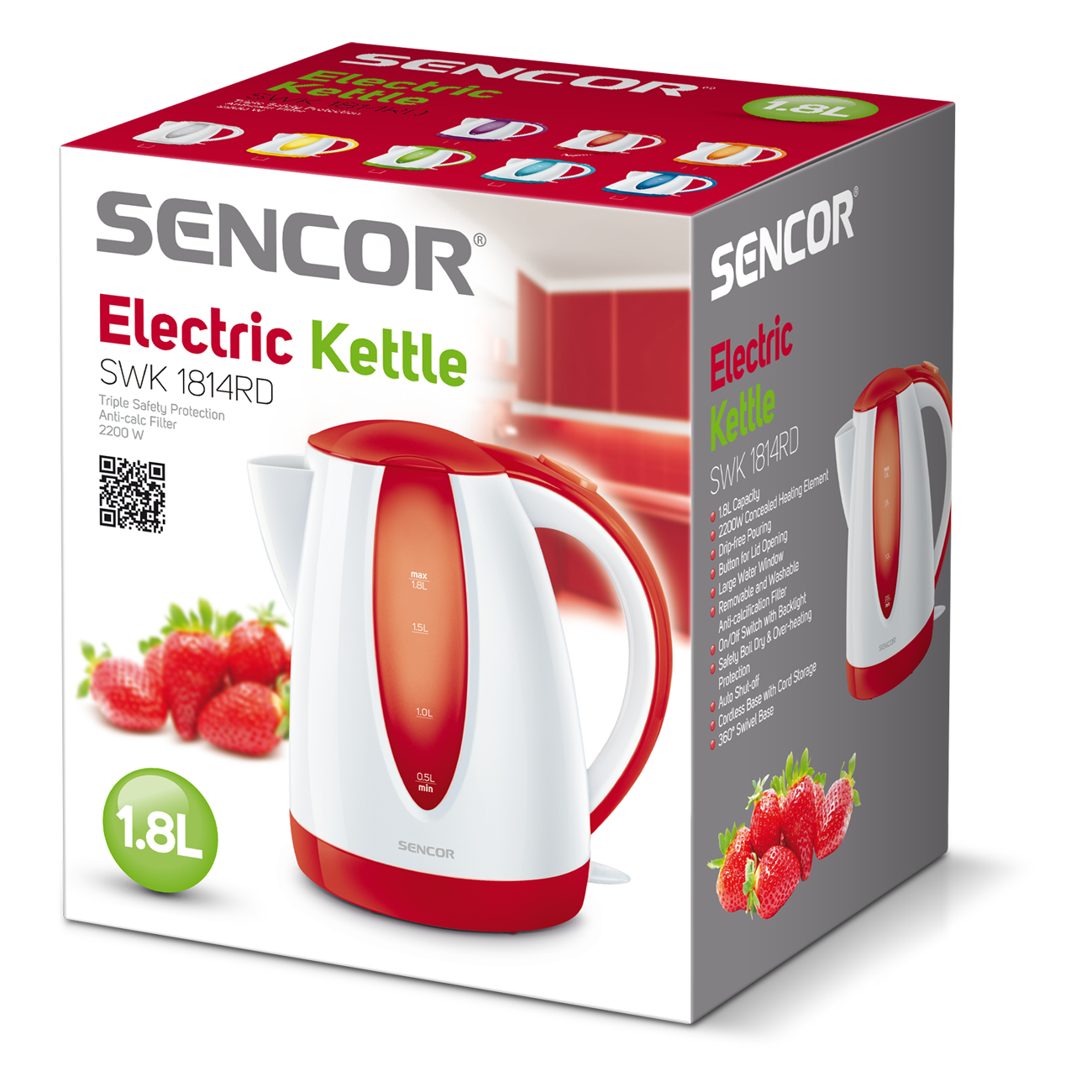 Bollitore elettrico SENCOR rosso e bianco sulla sua confezione con fragole.