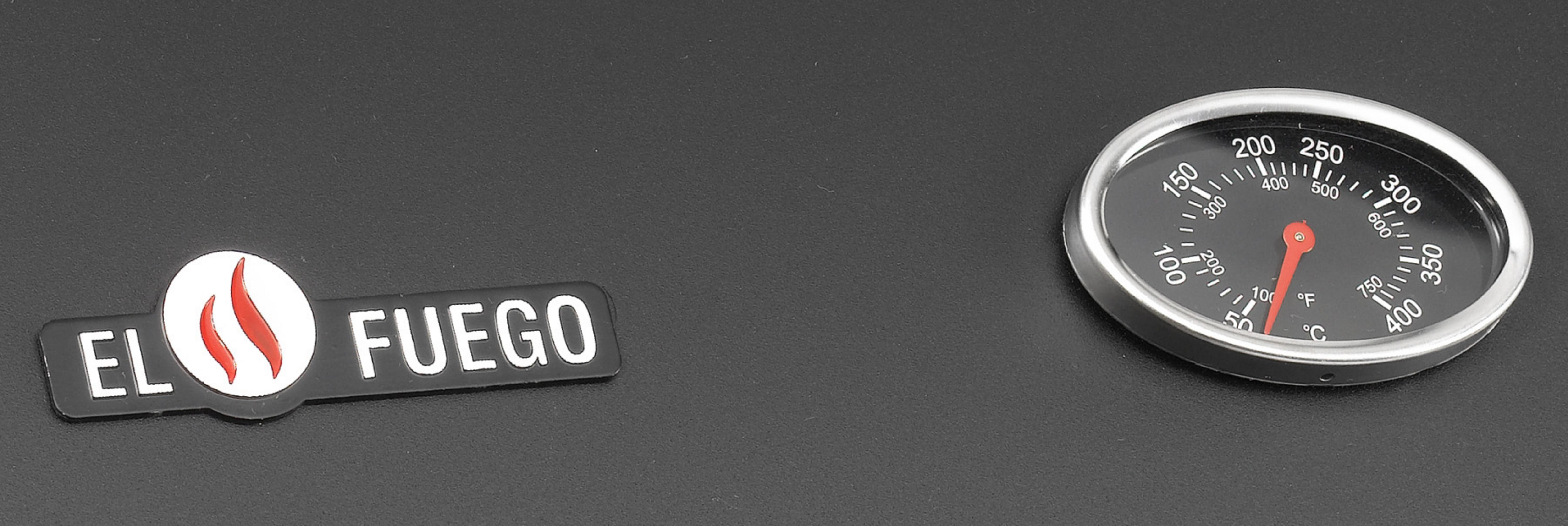 EL FUEGO Logo neben einem Thermometer mit rotem Zeiger auf 100°F.
