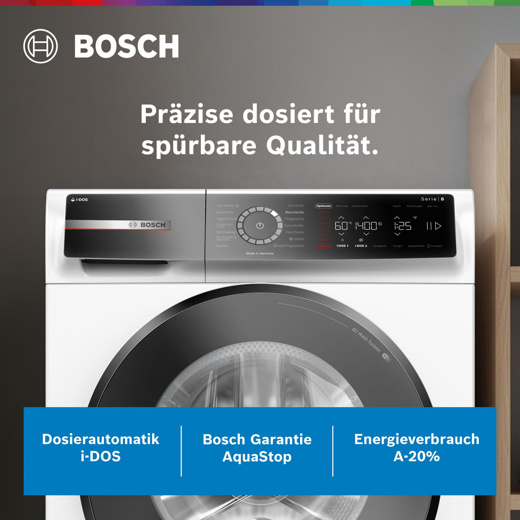Eine weiße Bosch Waschmaschine mit digitalem Display und Programmwahl.