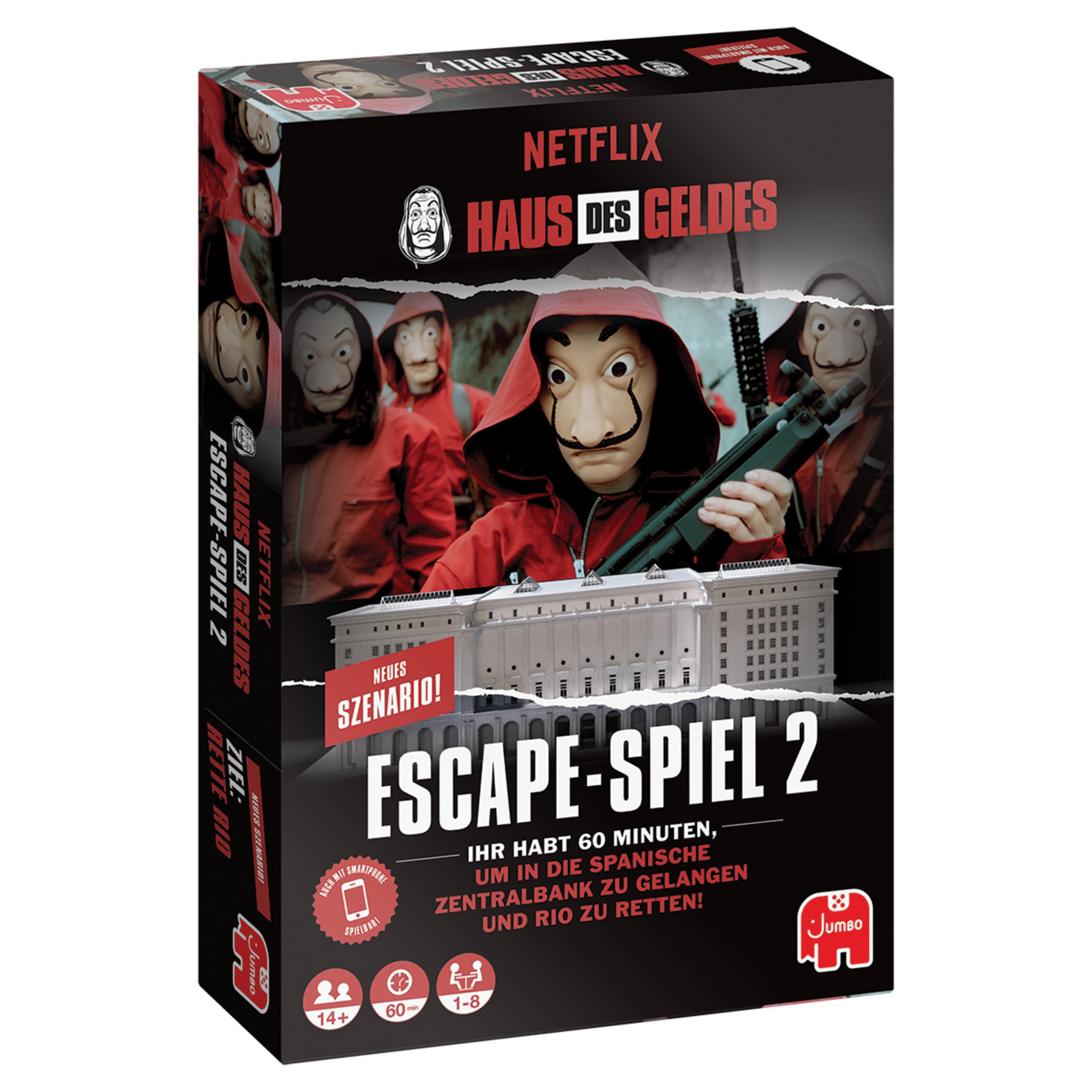 Netflix "Haus des Geldes" Escape-Spiel 2 Brettspielbox mit Maskenfiguren und Bank.