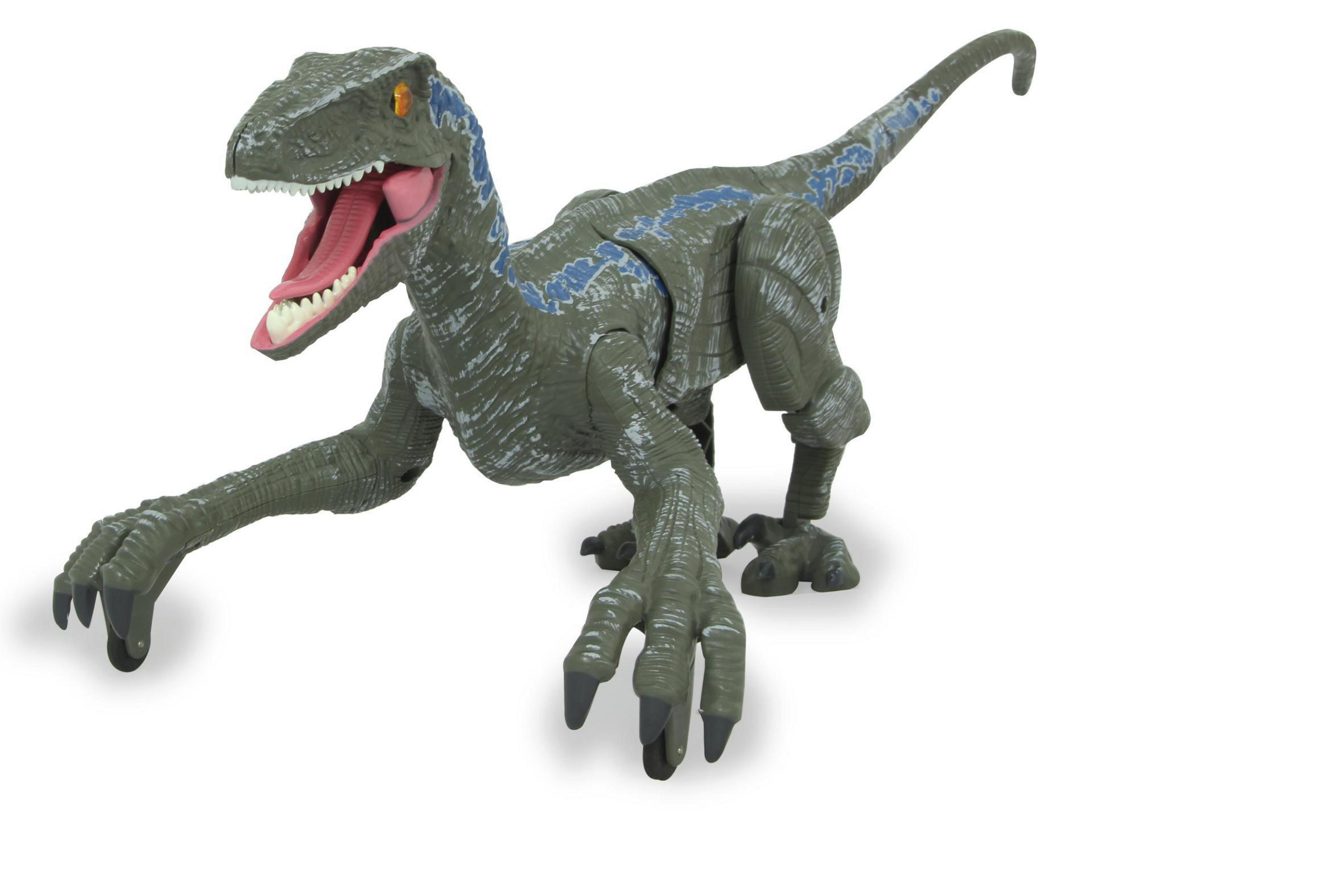 Grüne Raptorenfigur mit blauen Streifen, weit geöffnetem Maul und gelben Augen.