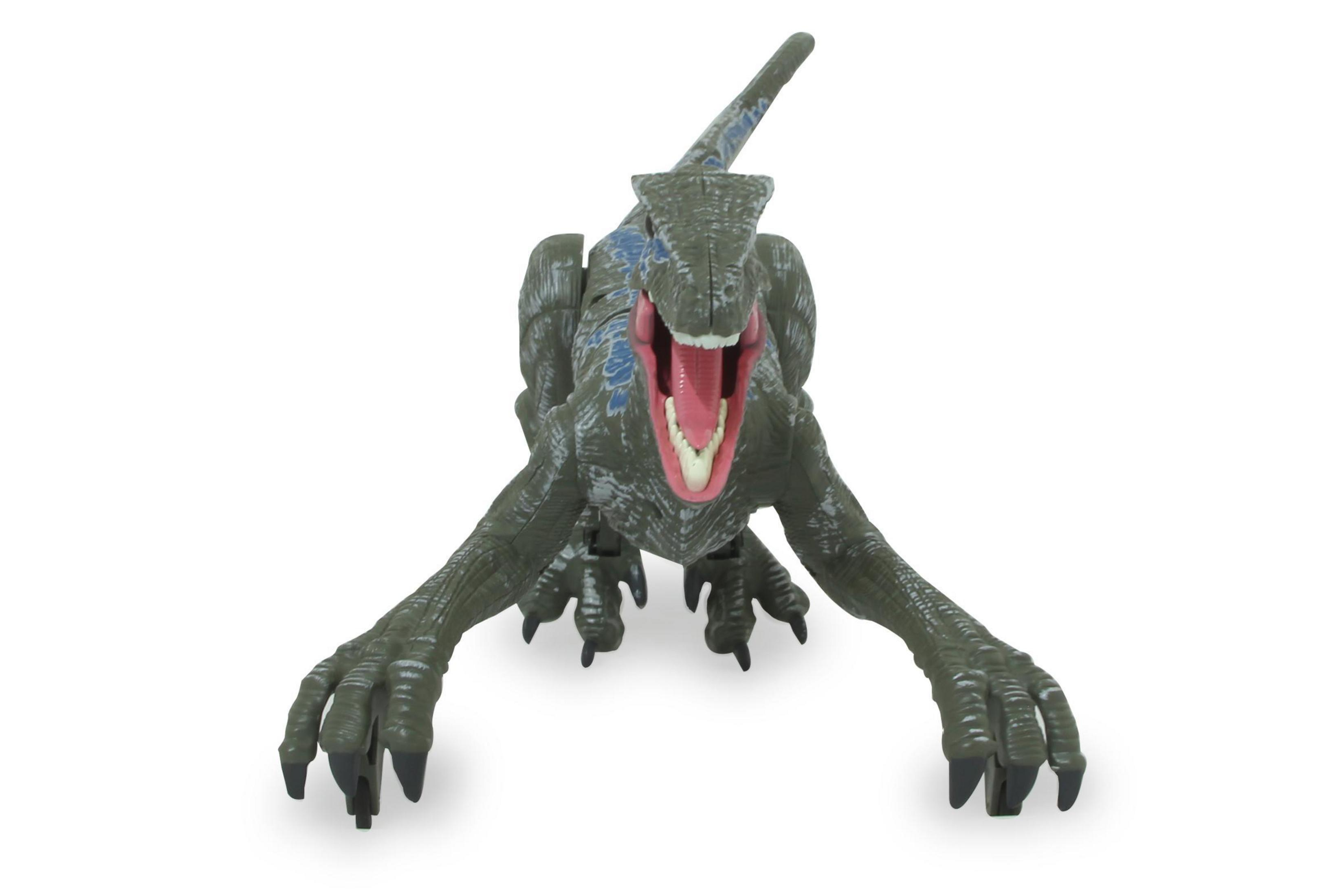 Eine grüne Dinosaurier-Figur mit geöffnetem Maul und blauen Akzenten.