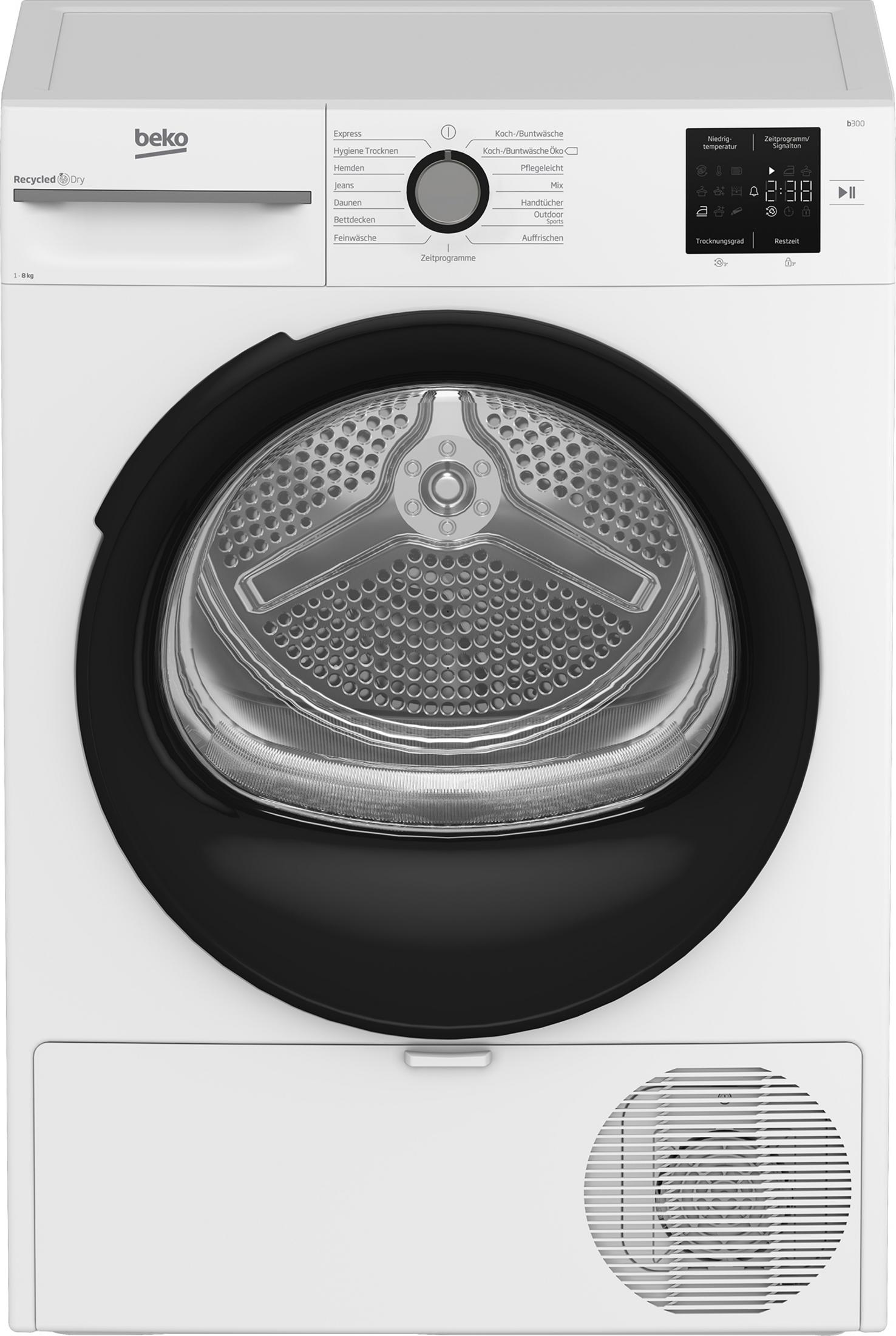 Ein weißer Beko Trockner mit schwarzer Trommeltür und Bedienfeld.