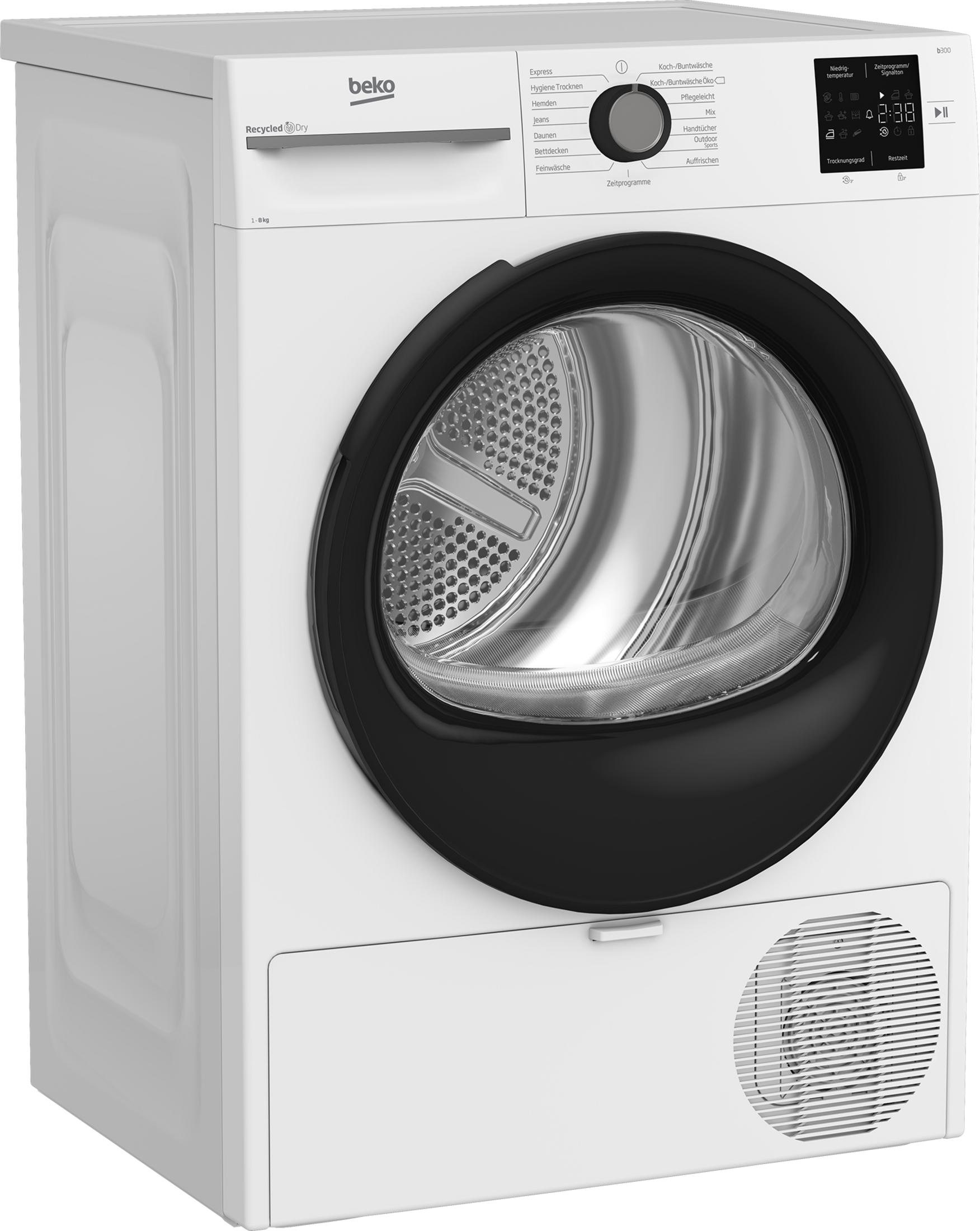 Eine weiße Beko-Wäschetrocknermaschine mit schwarzer Tür und Bedienfeld.