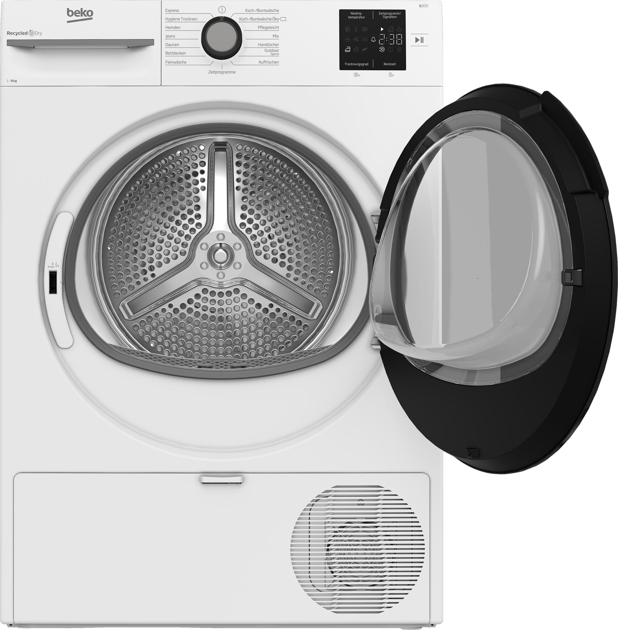 Eine weiße Beko-Wäschetrocknermaschine mit geöffneter Tür und Trommel.
