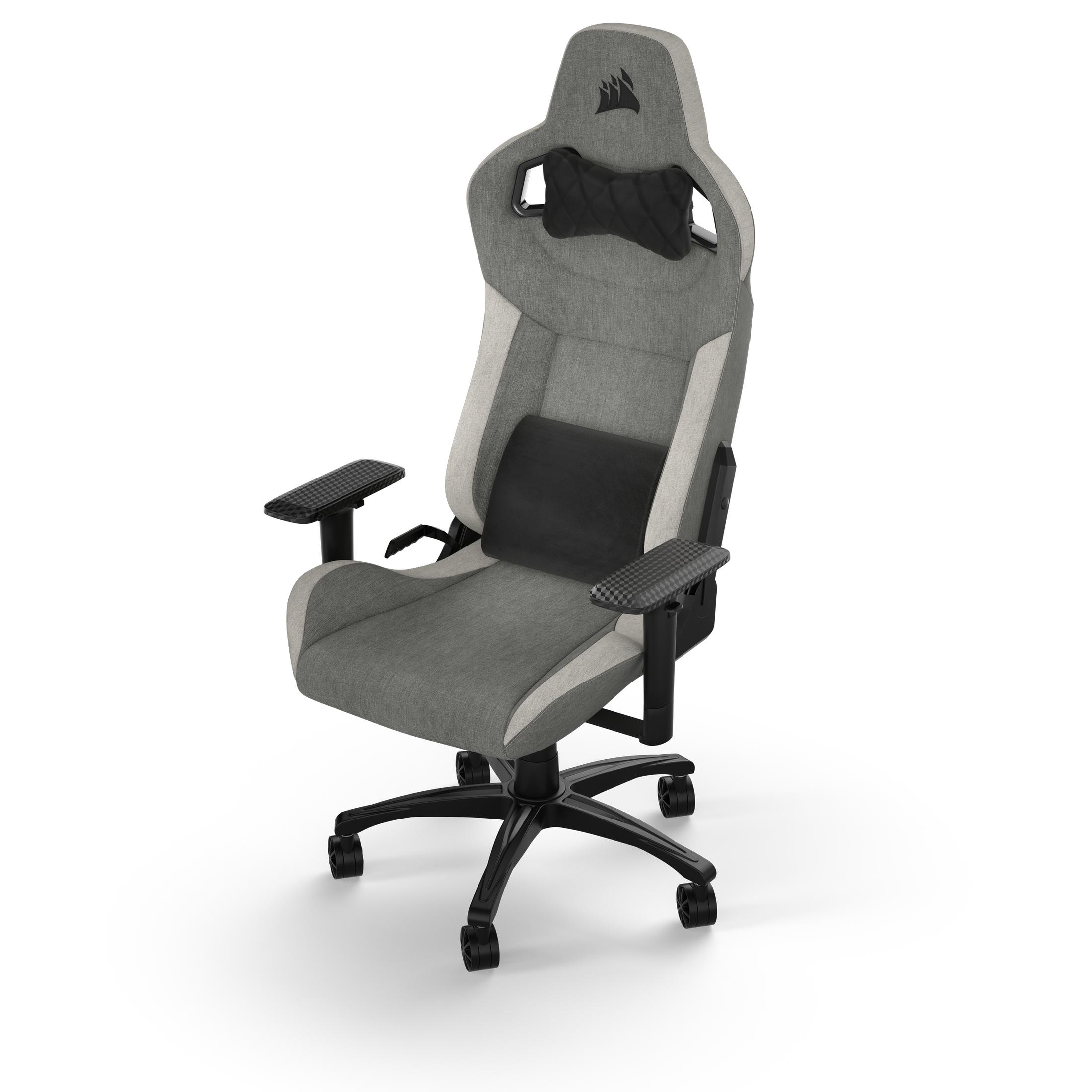 Silla gamer gris con detalles negros, reposacabezas ajustable y cojín lumbar.