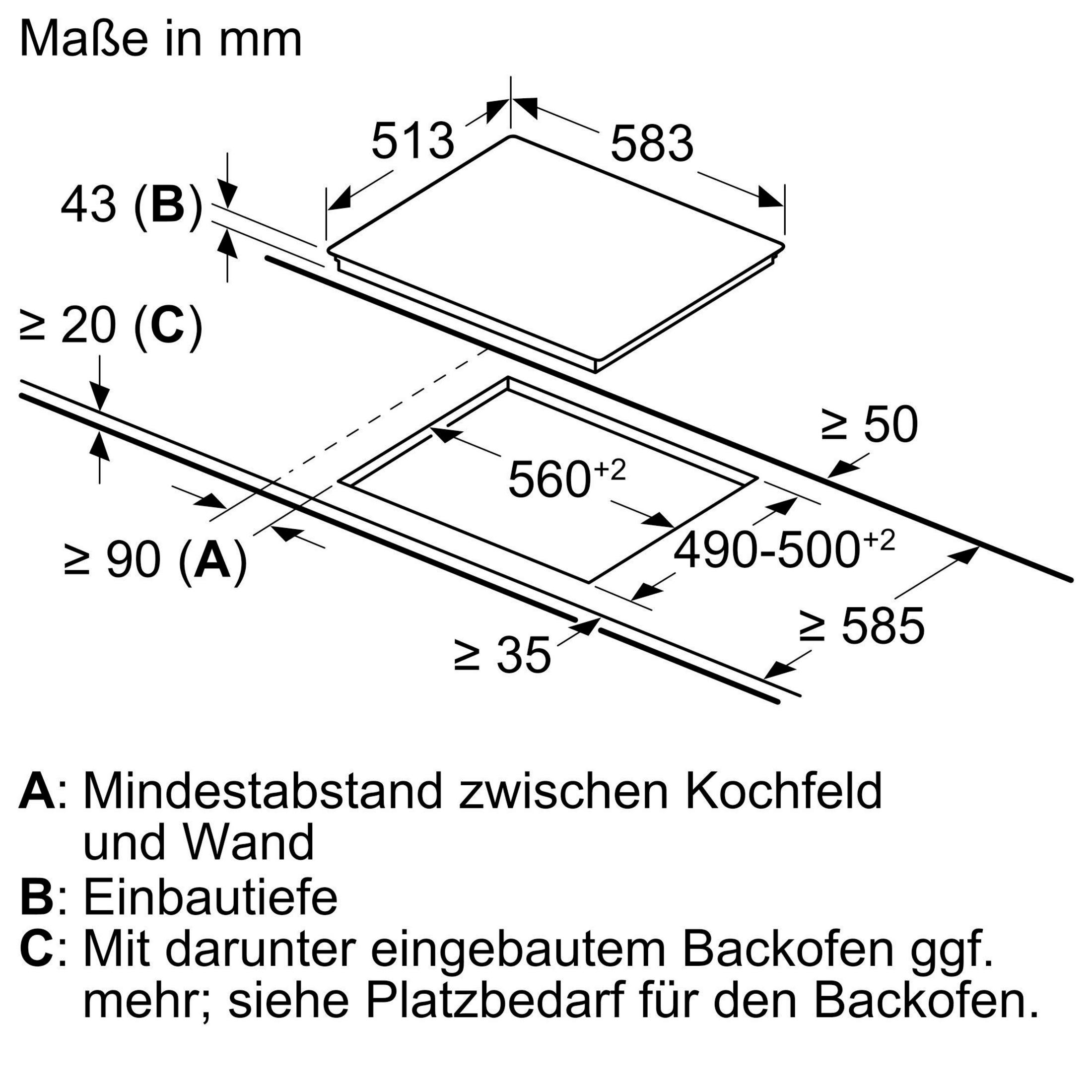 Einbauzeichnung eines Kochfelds mit Maßen in mm und Installationshinweisen.