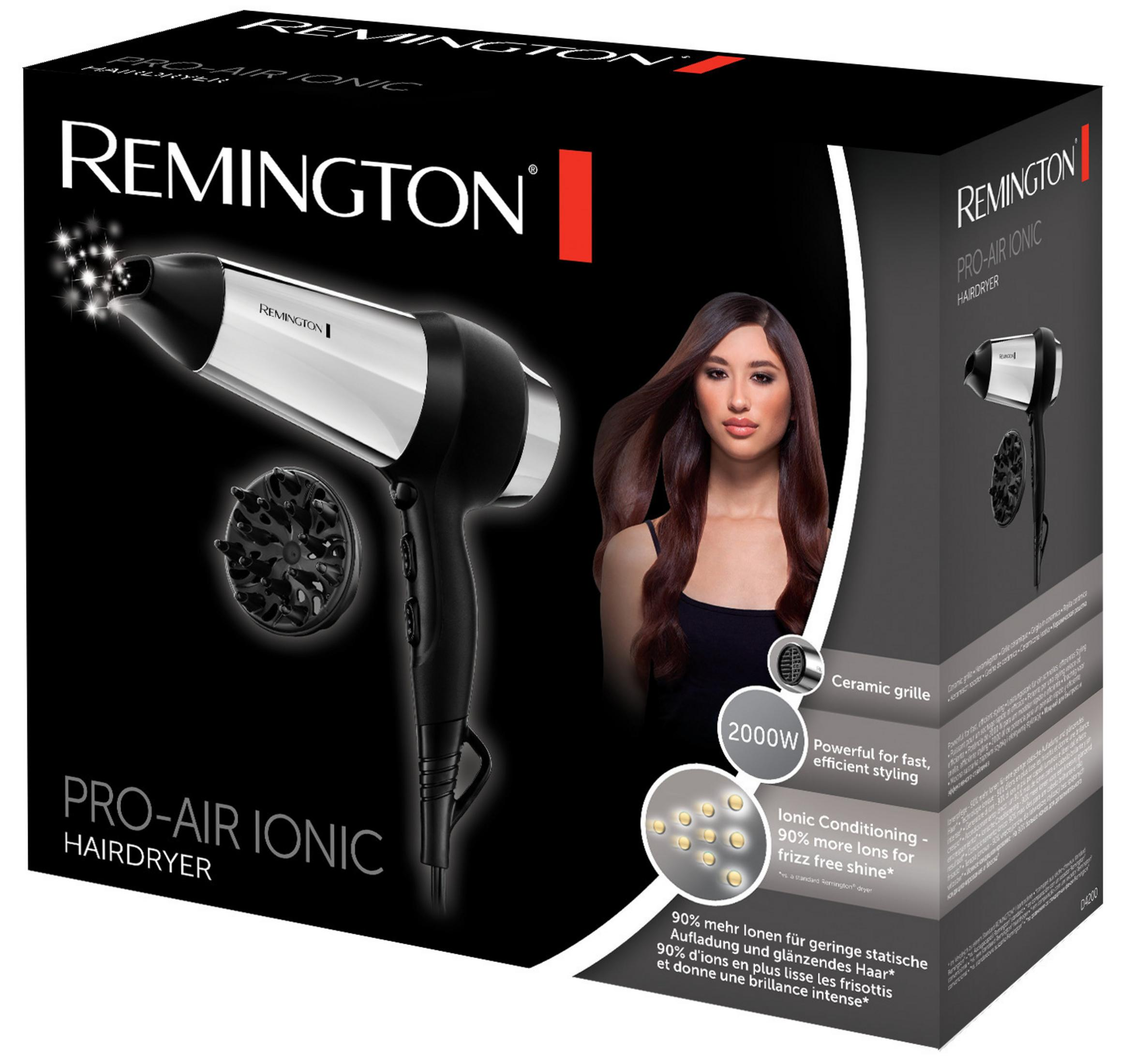 Remington Pro-Air Ionic saç kurutma makinesi ambalajı, kurutucu ve model.