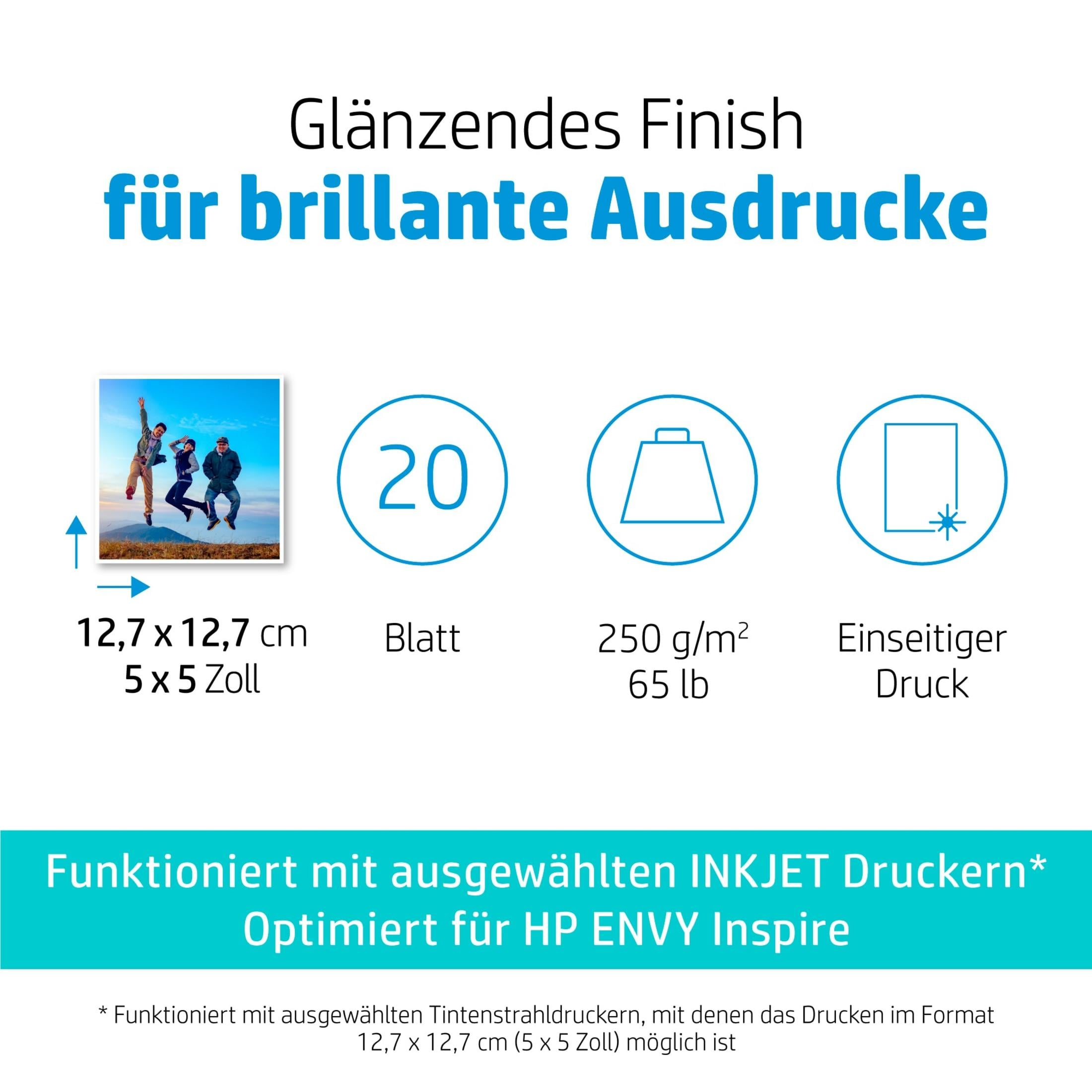 Glänzendes Papier, 20 Blatt, 250 g/m², 12,7x12,7 cm, einseitiger Druck.