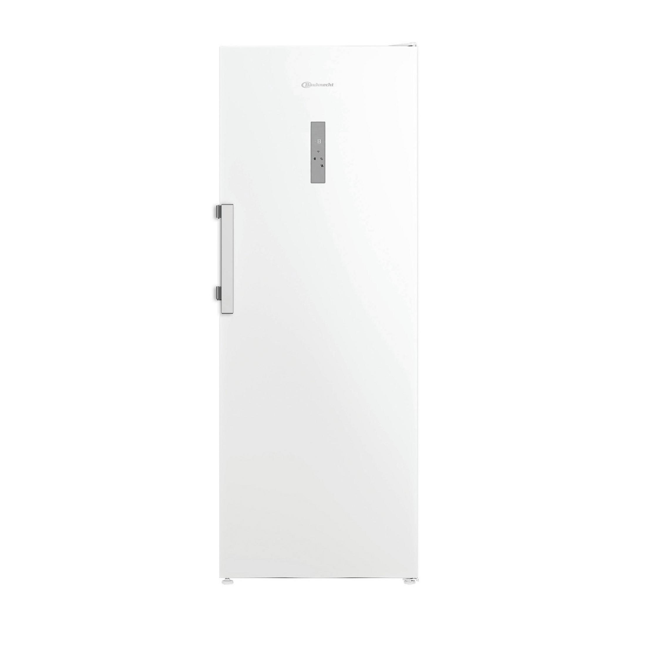 Ein weißer Gefrierschrank mit silbernem Griff und Bedienfeld.