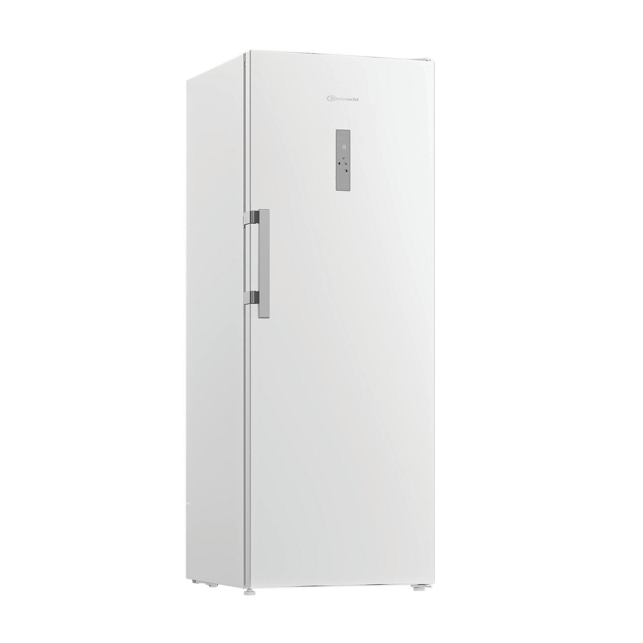 Ein schlanker weißer Gefrierschrank mit silbernem Griff und digitalem Display.