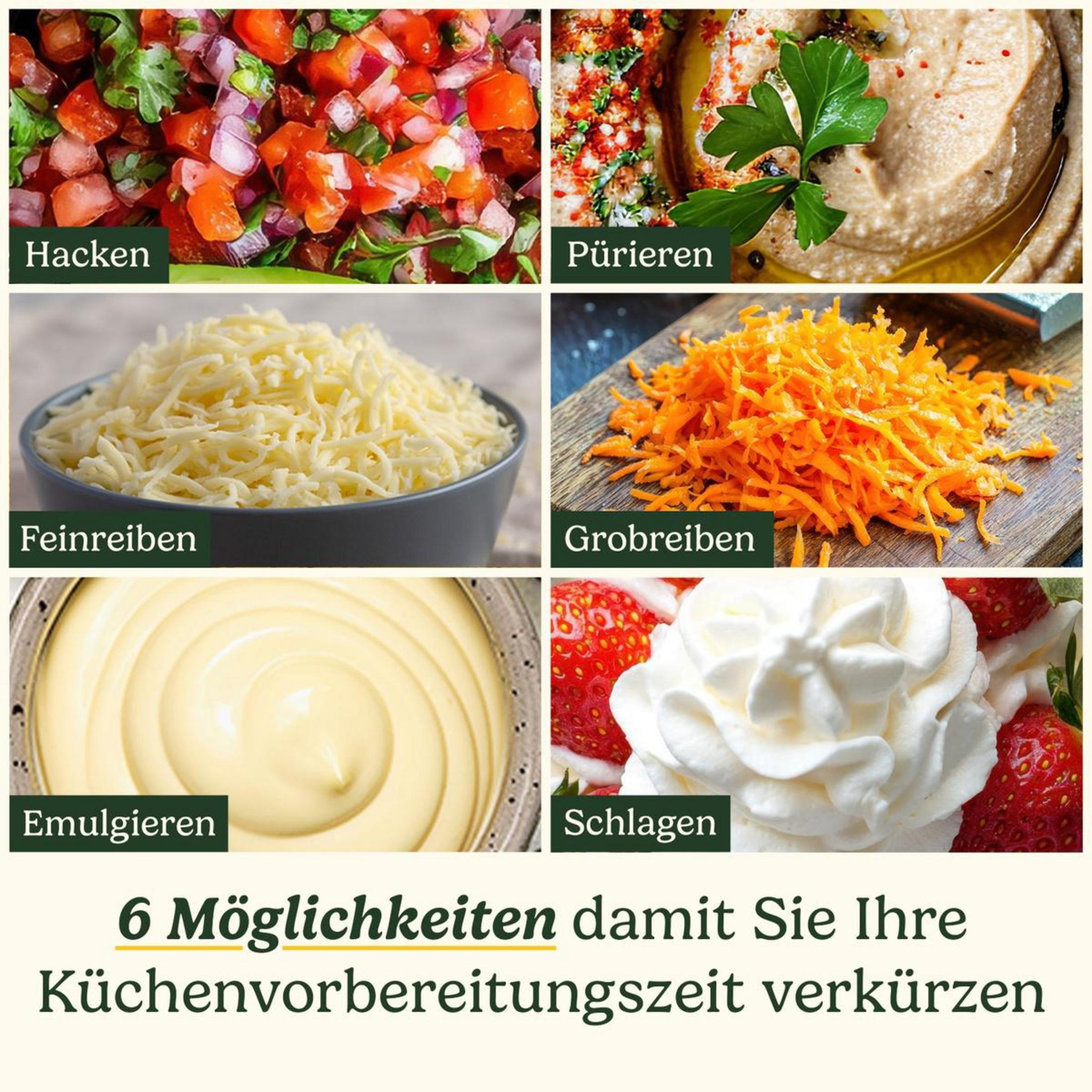 Sei immagini mostrano passaggi di preparazione: Tritato, Frullato, Grattugiato fine, Grattugiato grosso, Emulsionato, Montato.