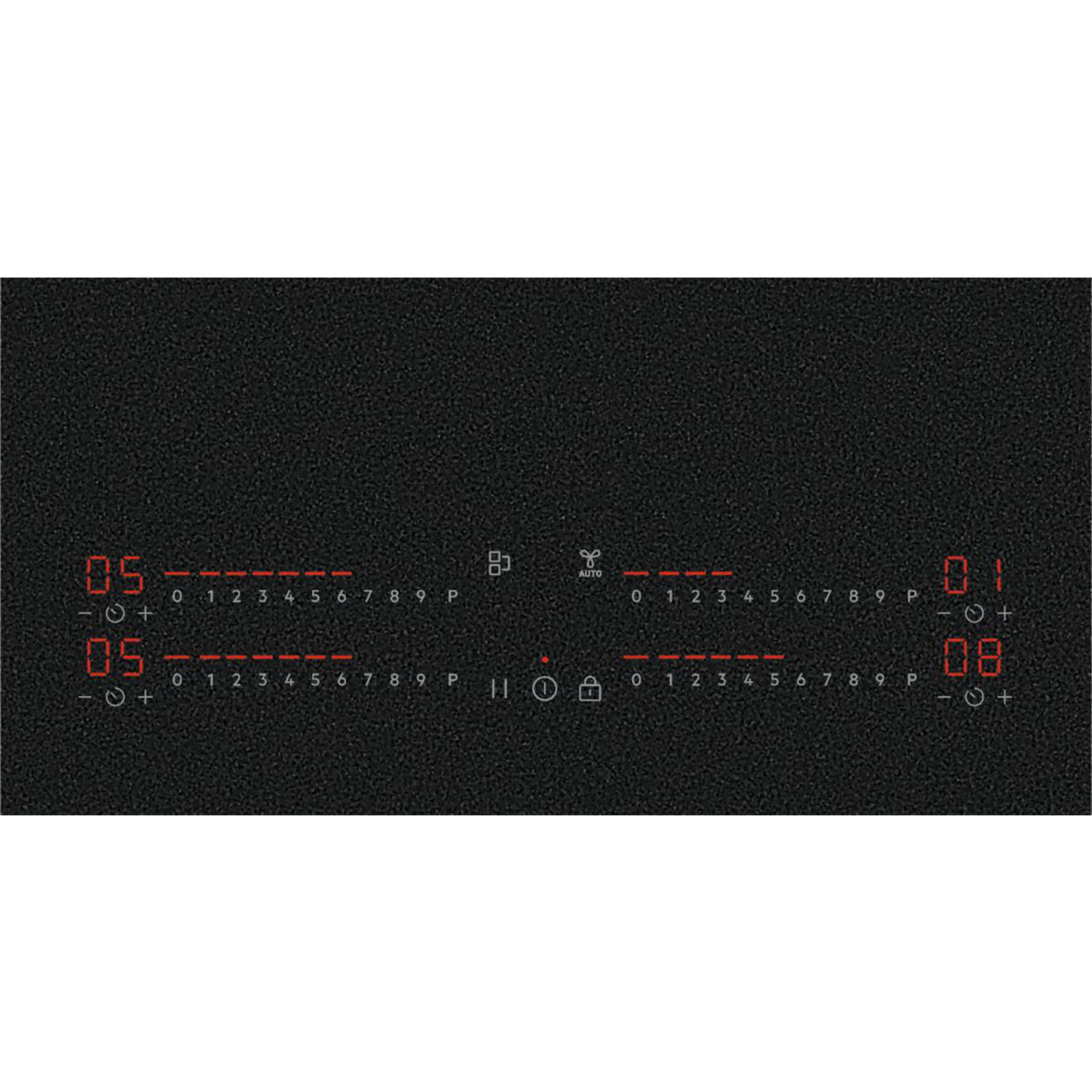 Une plaque de cuisson avec des affichages numériques indiquant les niveaux de puissance 05, 01 et 08.