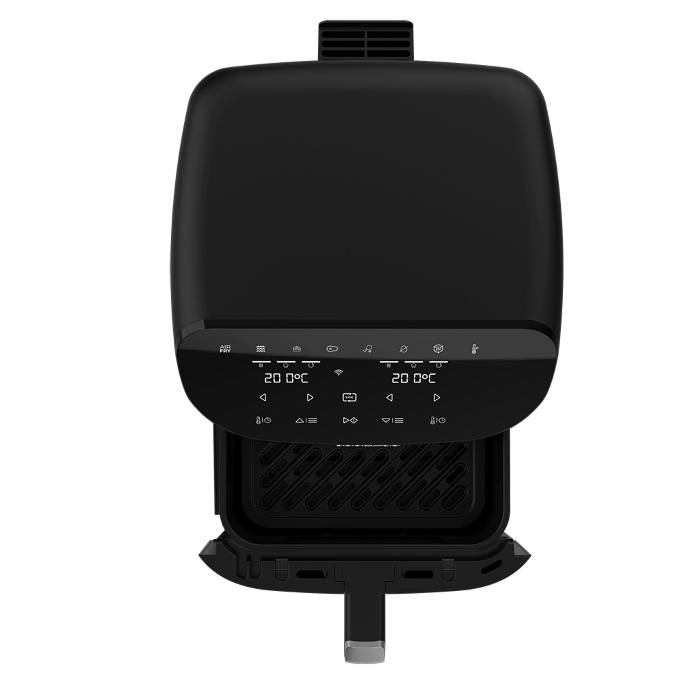Coperchio nero digitale friggitrice ad aria con pannello di controllo e prese d'aria.