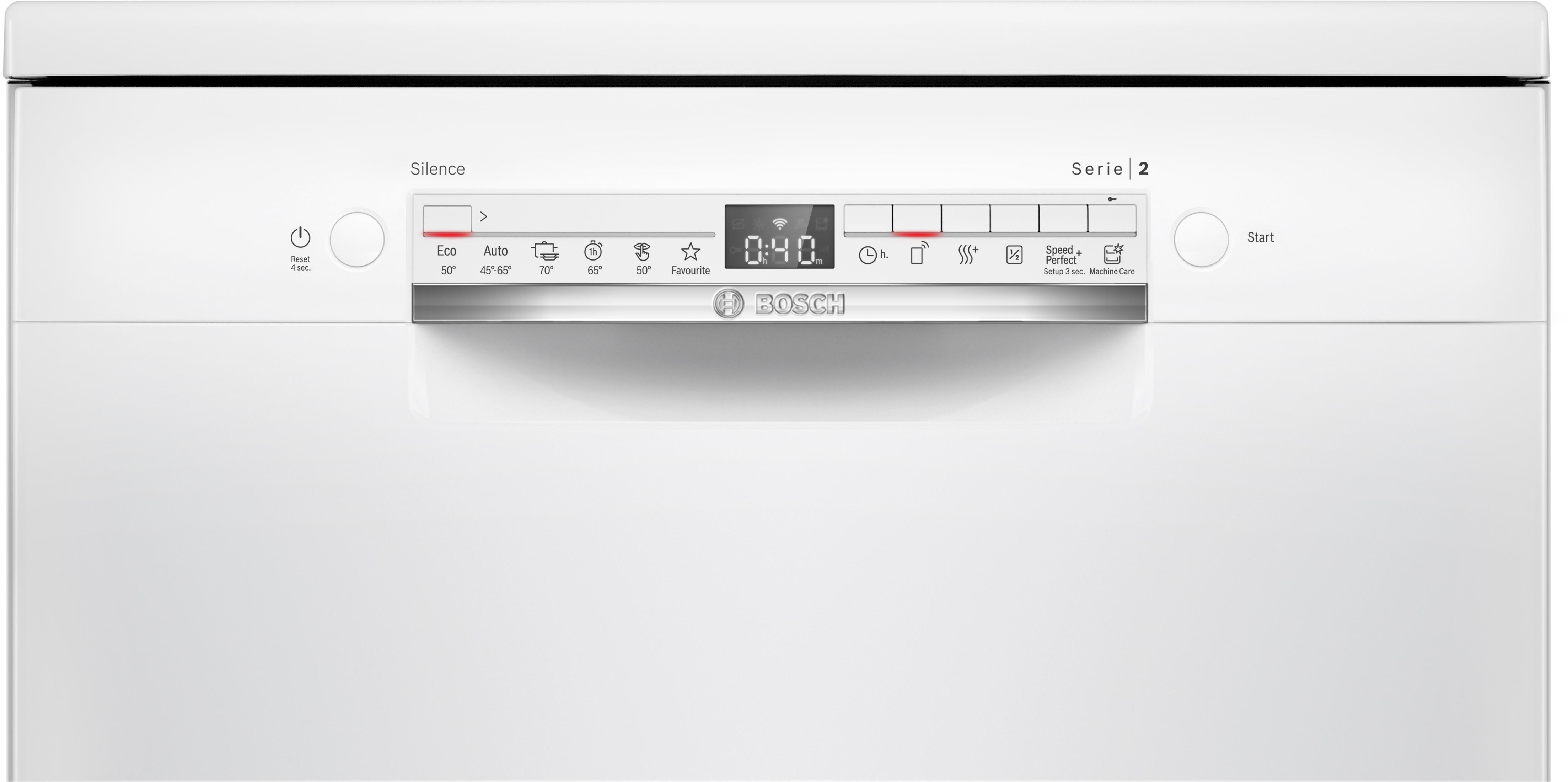 Un lavavajillas Bosch blanco con pantalla digital y botones de seleccin de programas.