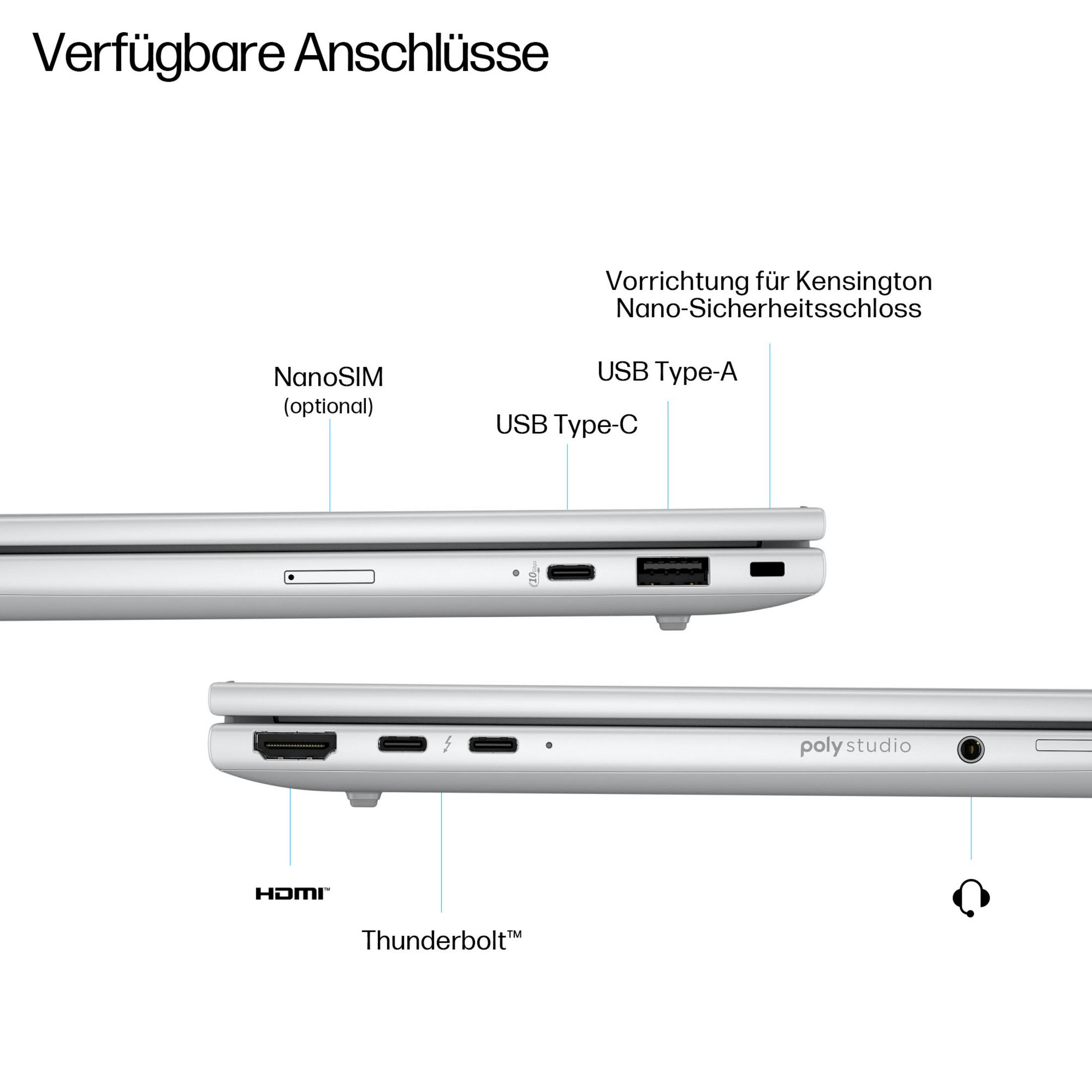 Porte: NanoSIM, USB-A, USB-C, HDMI, Thunderbolt, slot Kensington.