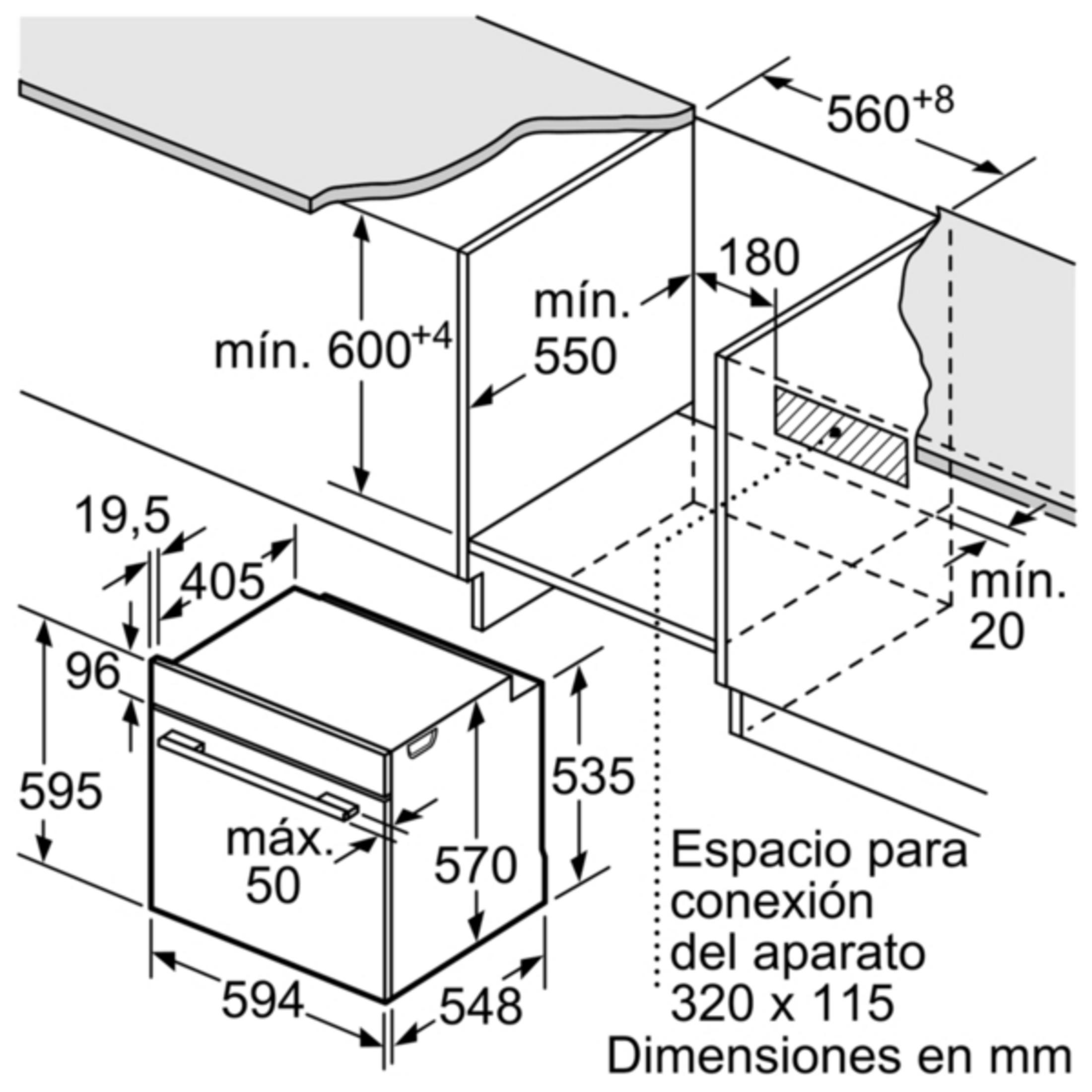 Dibujo técnico con dimensiones de instalación para un aparato de cocina.