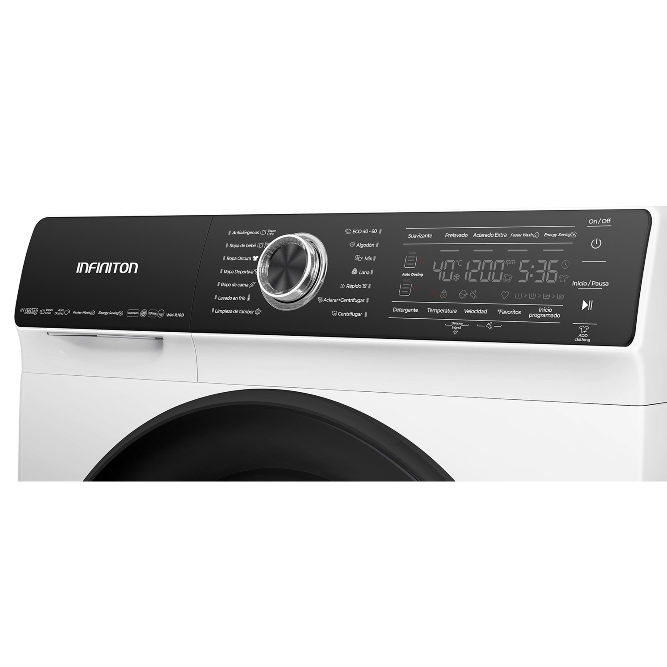 Primer plano del panel de control de una lavadora con varios programas.