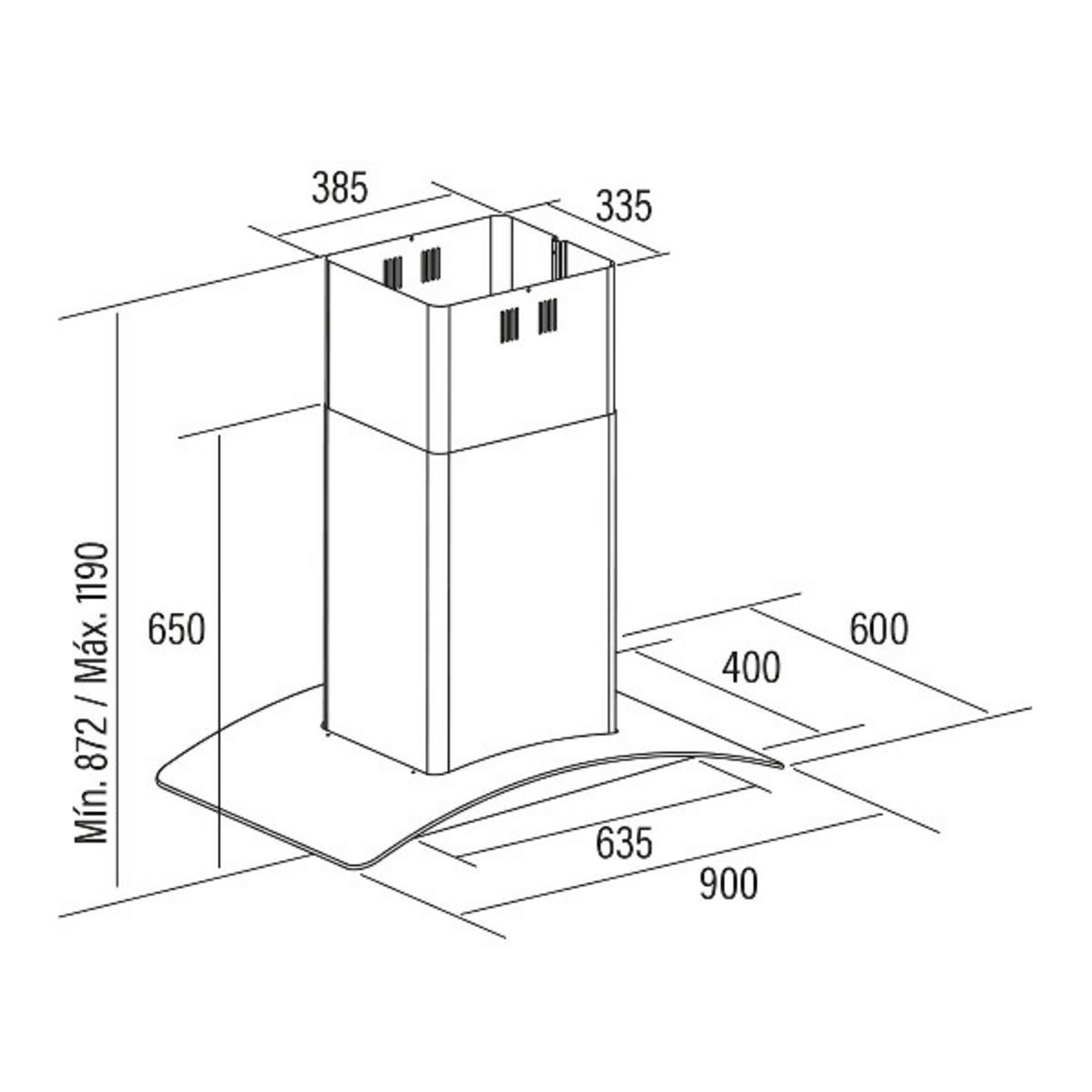 Disegno tecnico di una cappa aspirante con dimensioni.
