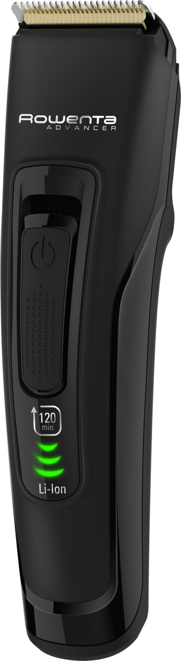 Un tagliacapelli Rowenta nero con indicatori digitali della batteria.