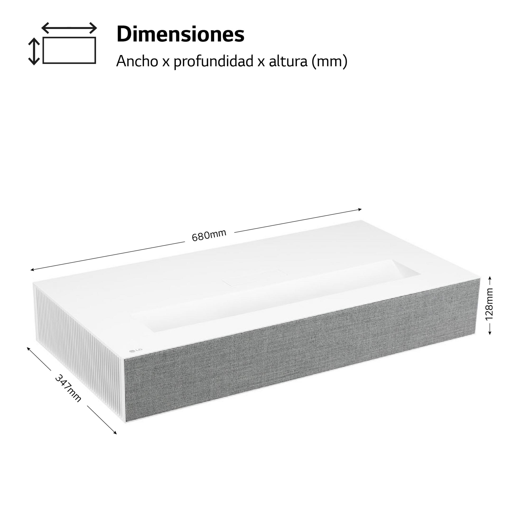Proyector blanco con frontal de tela gris. Dimensiones: 680x347x128mm.