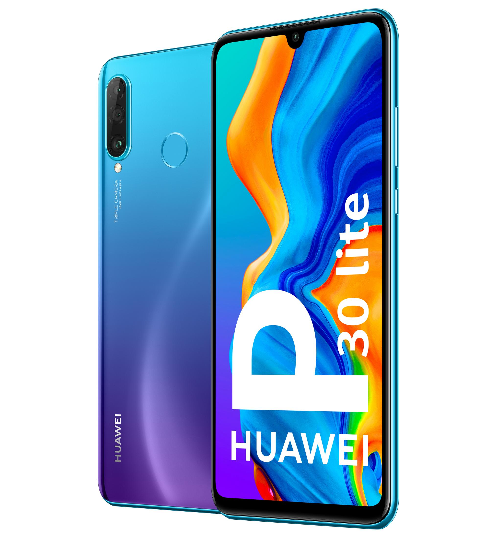 Dos teléfonos Huawei P30 Lite azules, uno con pantalla en blanco, el otro muestra cámaras.