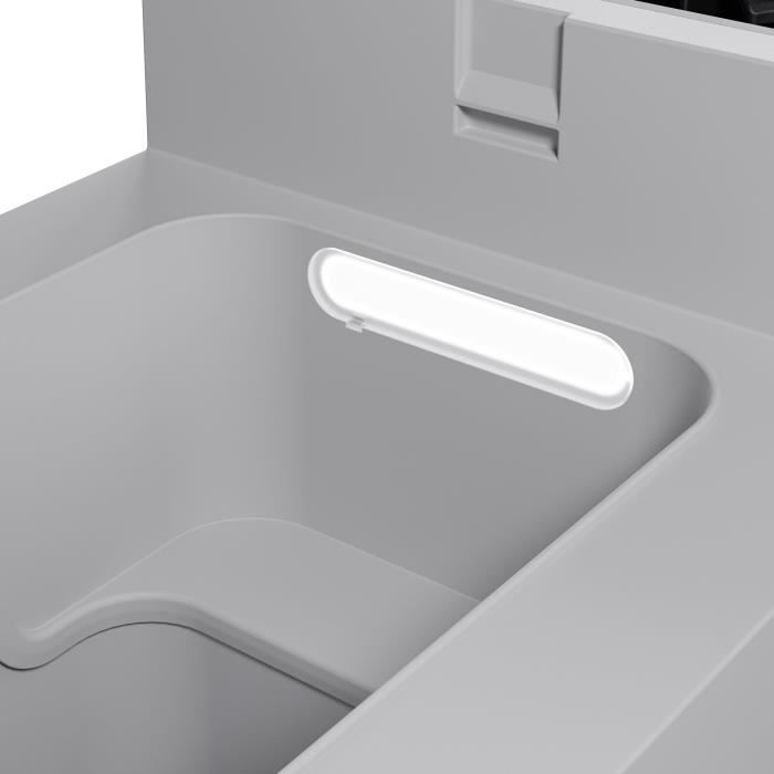 Contenitore grigio con una striscia luminosa bianca sul lato.