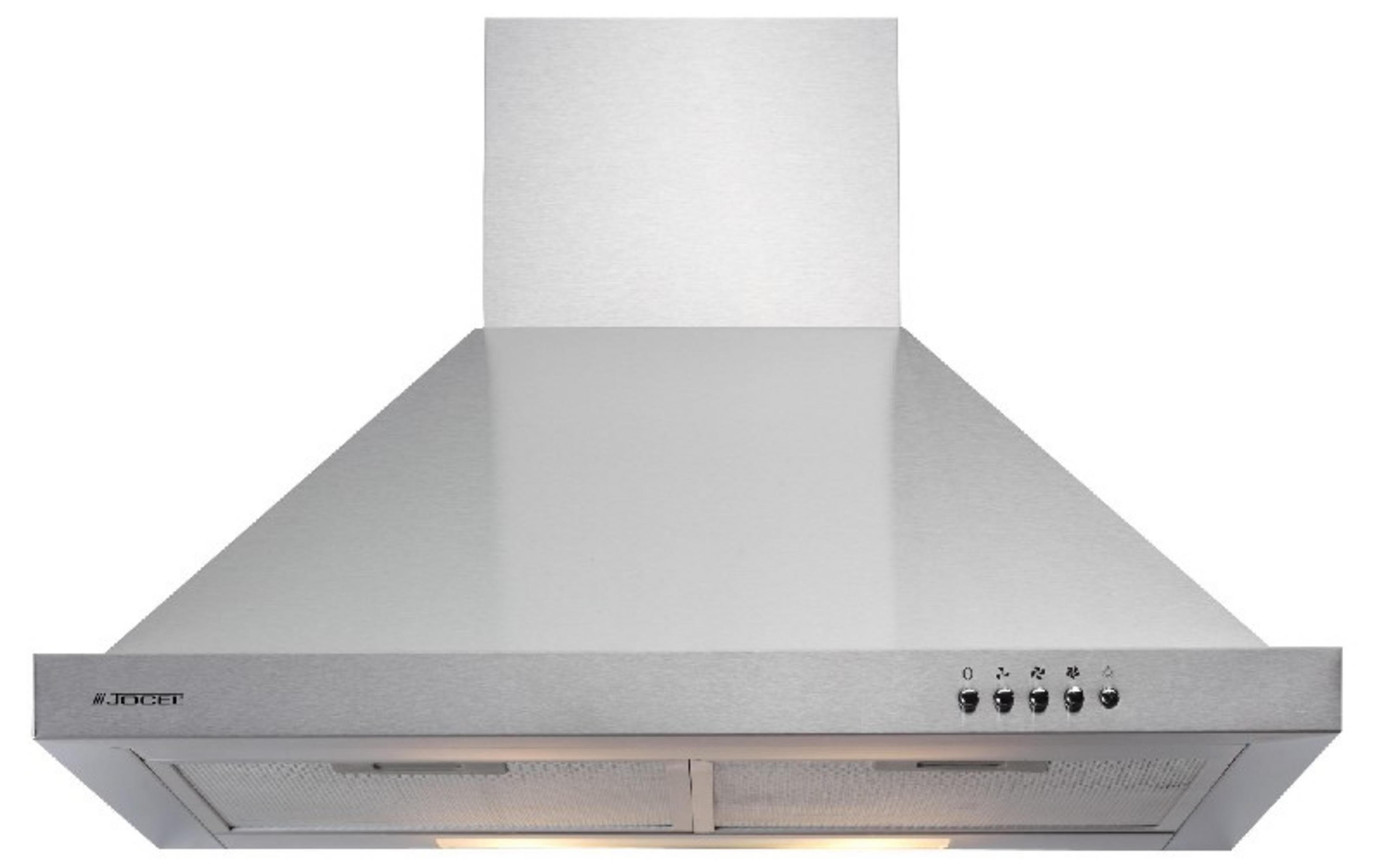 Cappa aspirante in acciaio inox con controlli e luci.