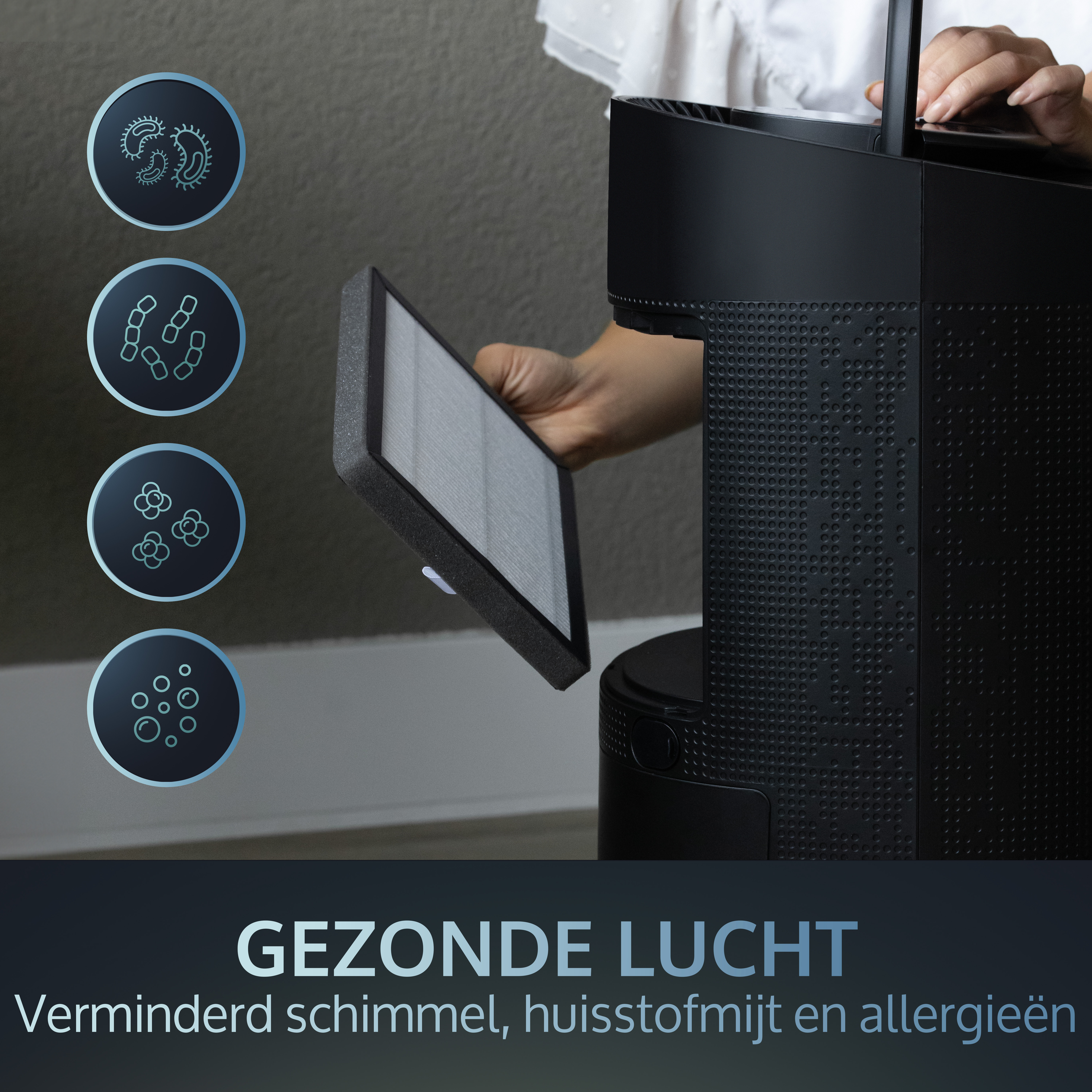 Person changing air filter of a black device. Icons show bacteria.
