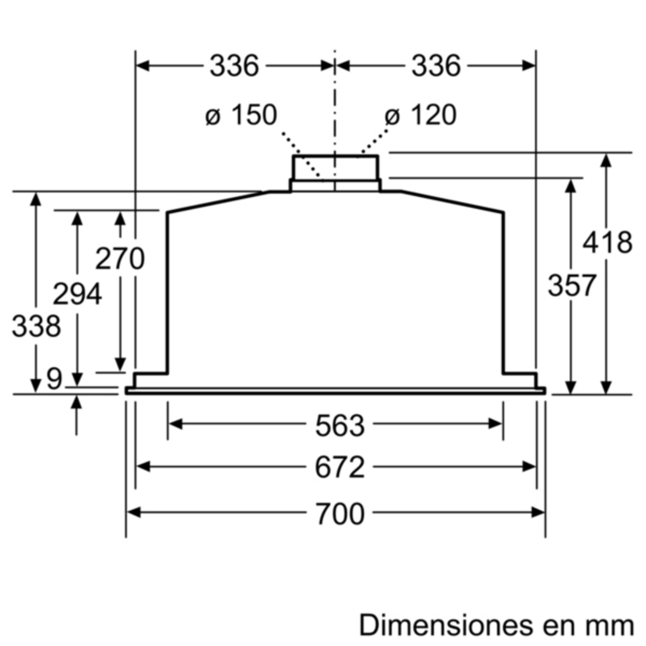 Dibujo técnico con dimensiones en mm para una campana extractora. Muestra altura, anchura y diámetro.