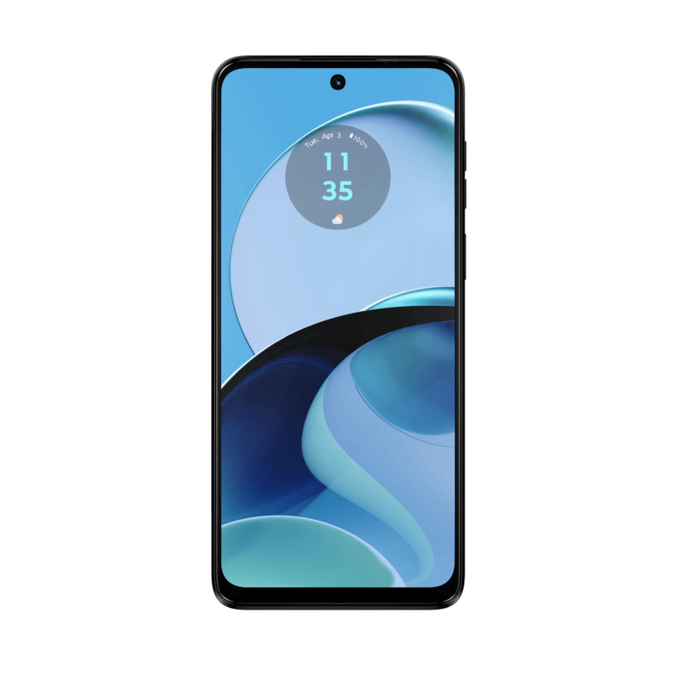 Un teléfono inteligente negro con un fondo abstracto azul en la pantalla.