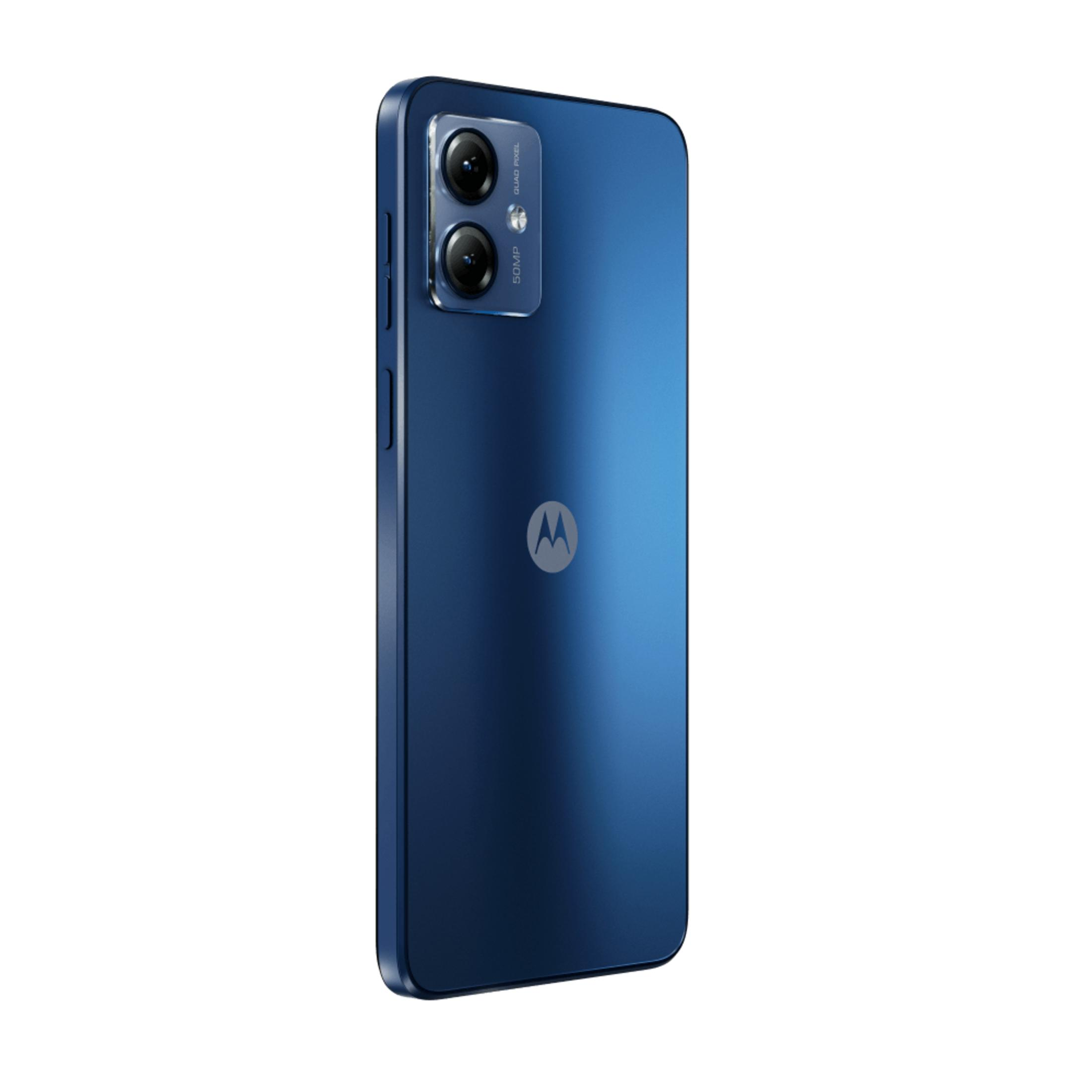 Teléfono inteligente azul oscuro con cámara Quad Pixel de 50MP y logo Motorola.