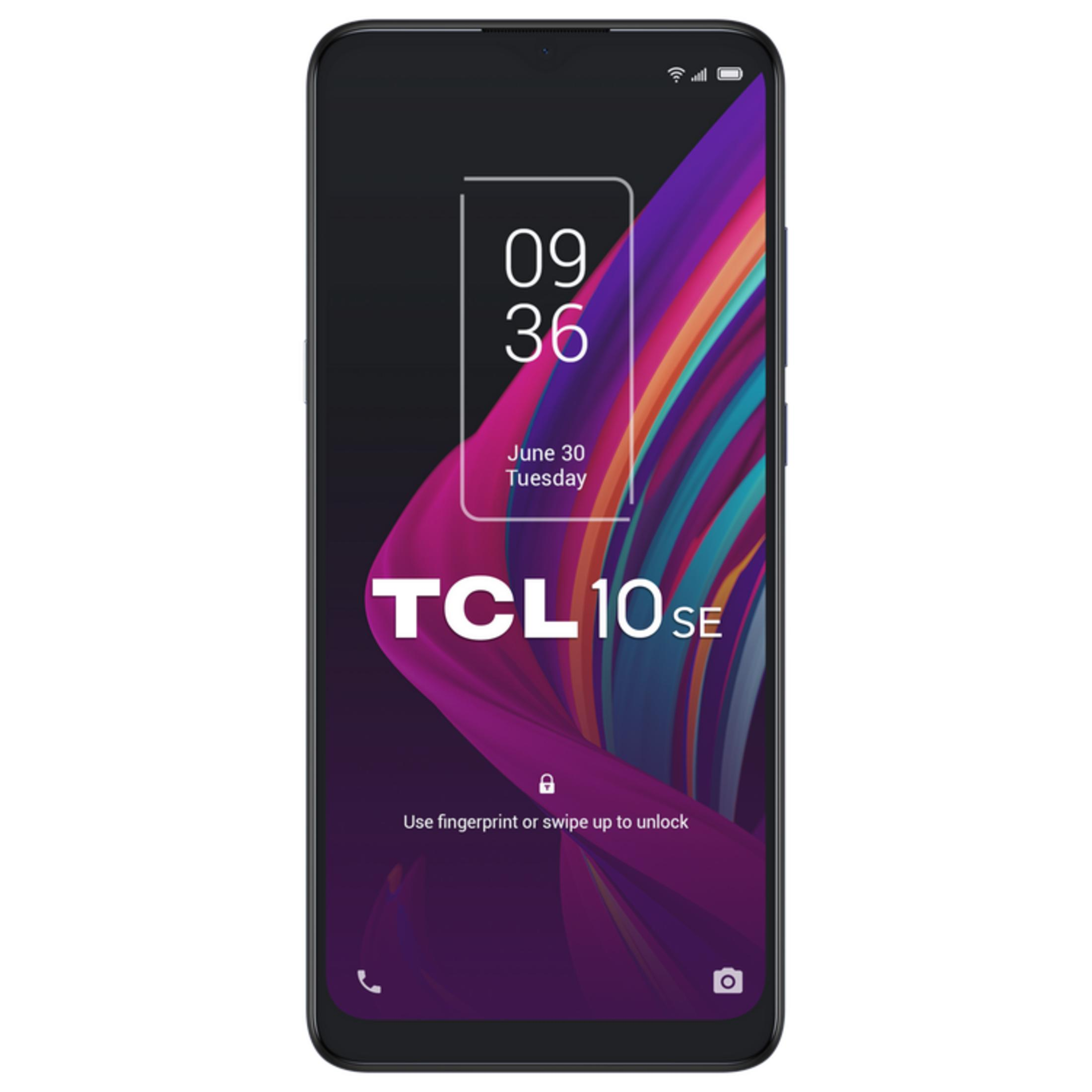 Uno smartphone TCL 10 SE nero con sfondo colorato che mostra l'ora 09:36.