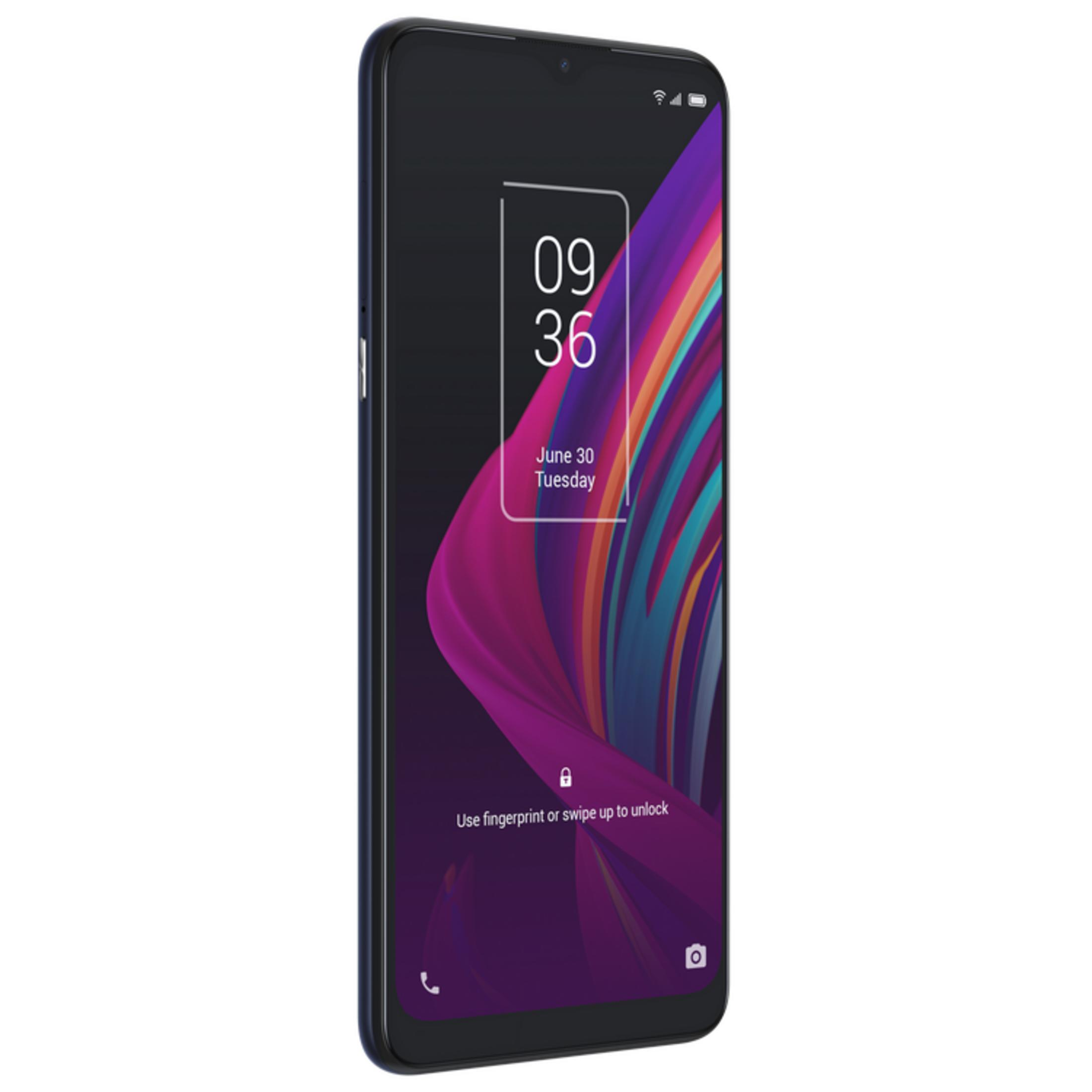 Uno smartphone scuro che mostra uno sfondo astratto e vibrante sulla schermata di blocco.
