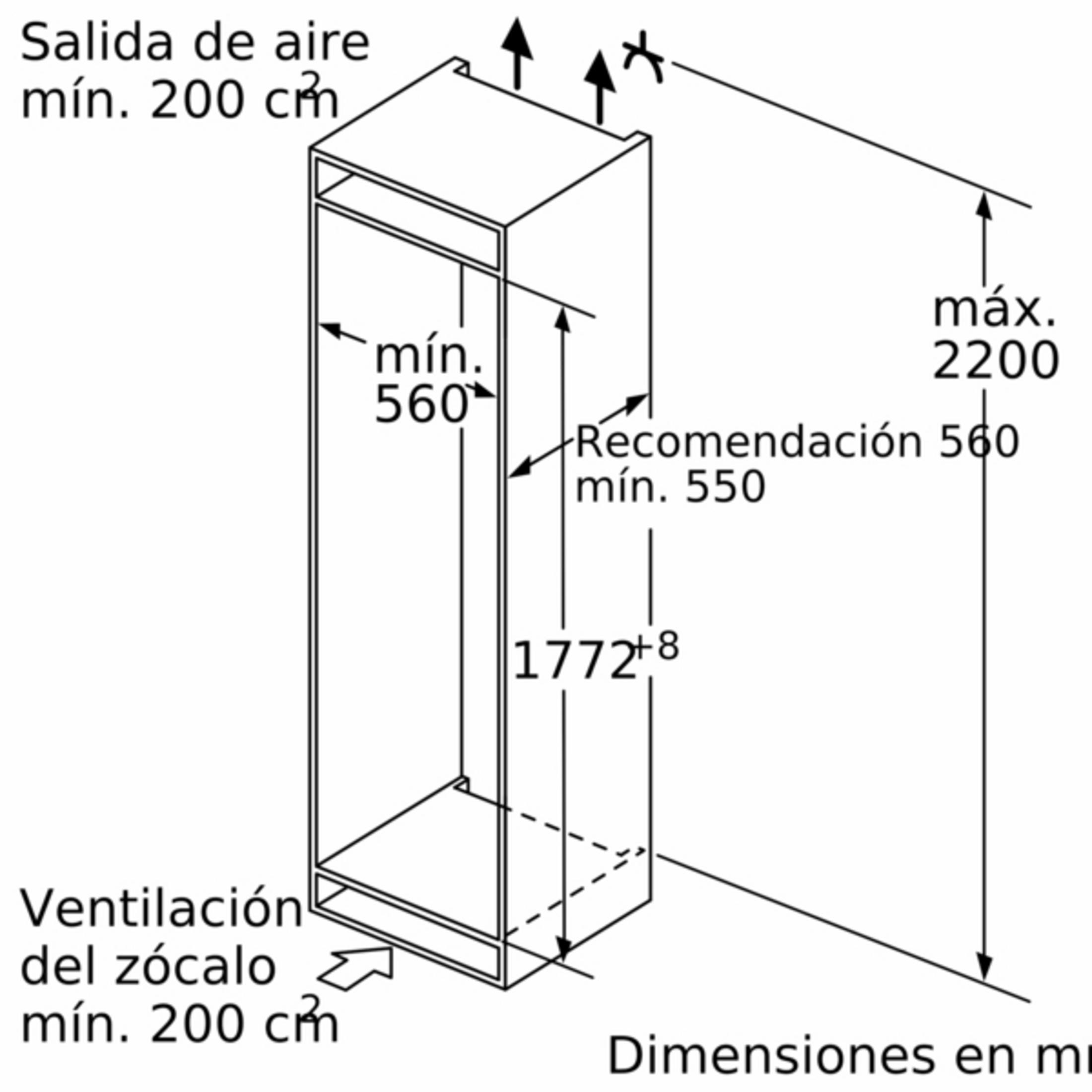 Dibujo técnico que muestra dimensiones para ventilación y altura.