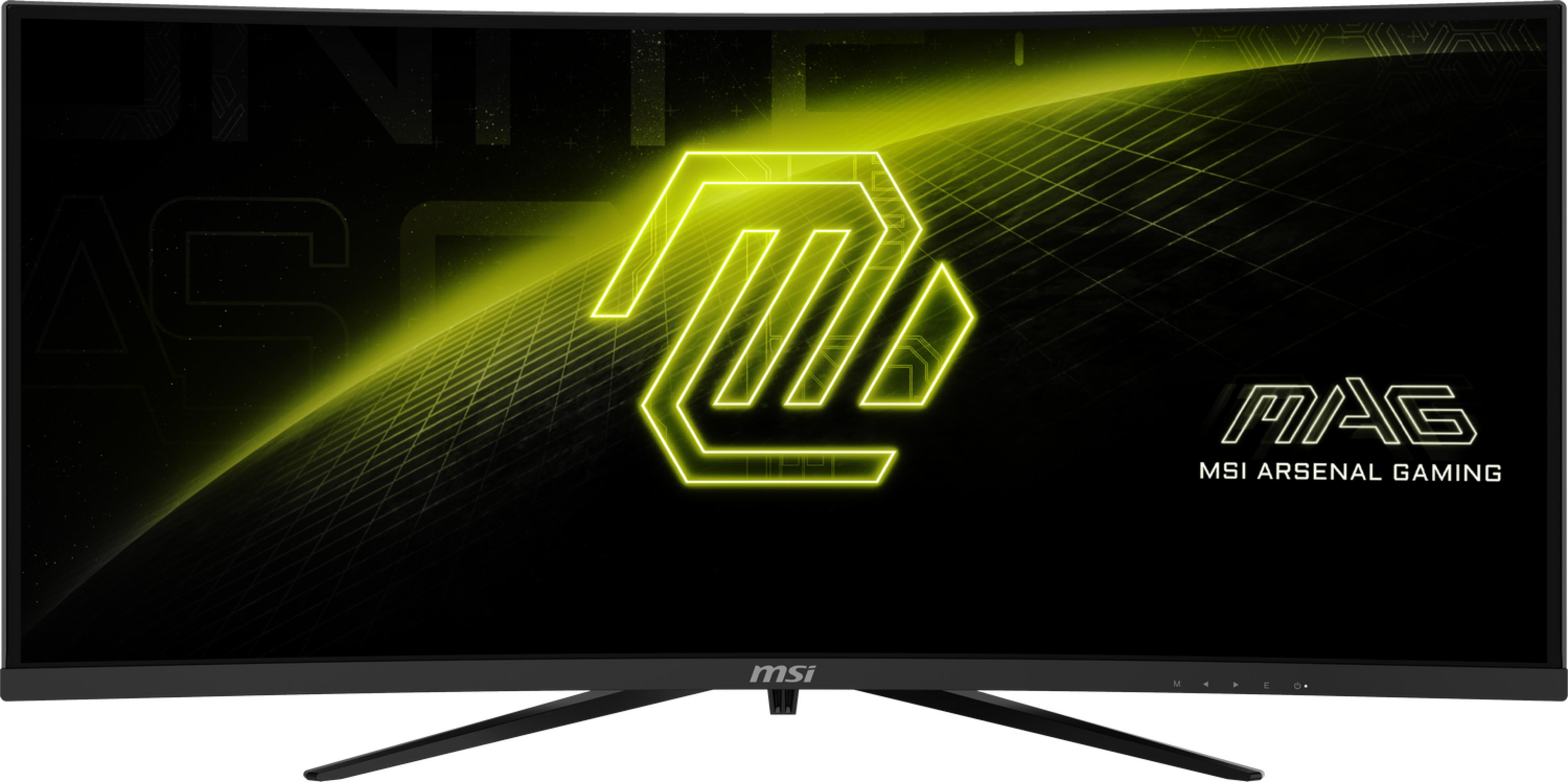 Ein gebogener MSI Gaming-Monitor mit einem leuchtend gelben Logo und Gittermuster.