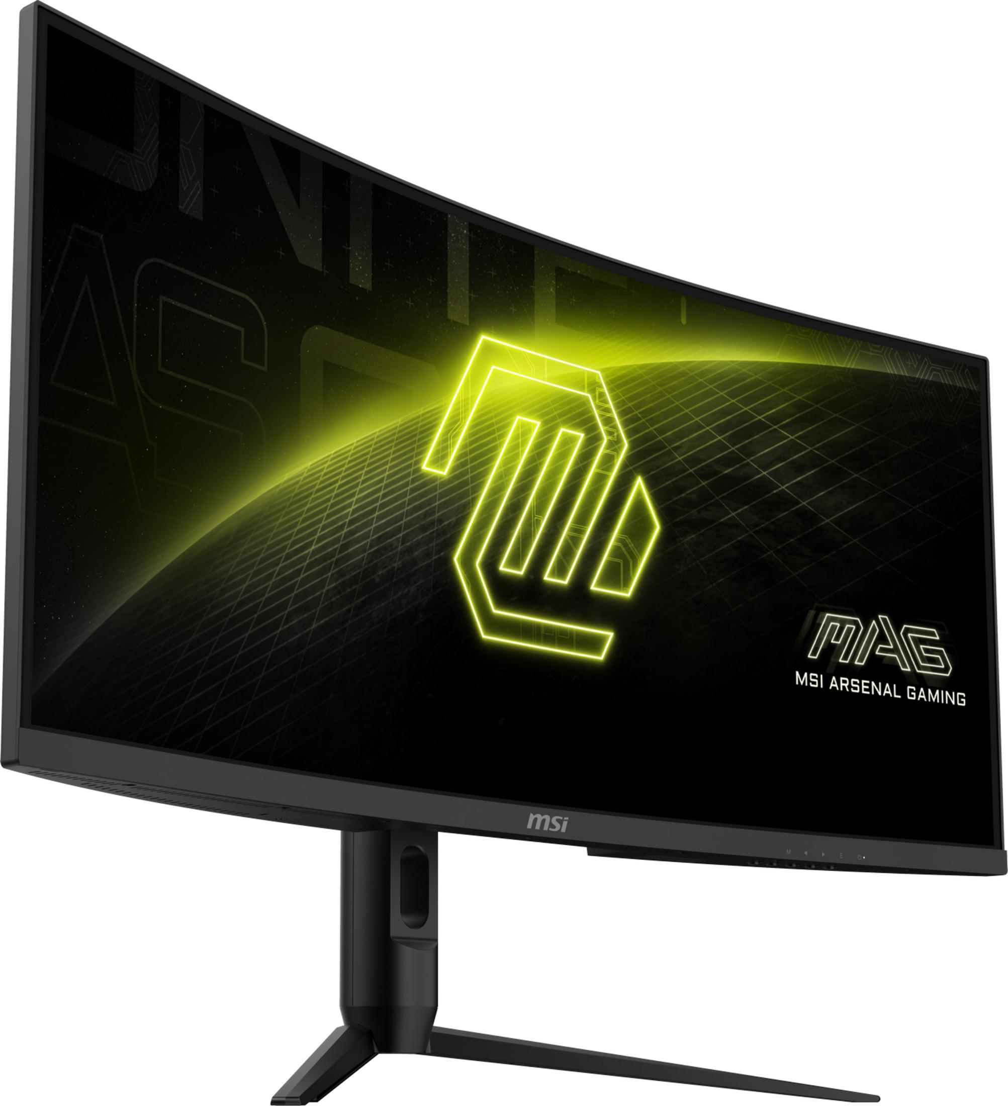 Ein gebogener MSI Gaming-Monitor mit einem leuchtend gelben Logo und Gittermuster.