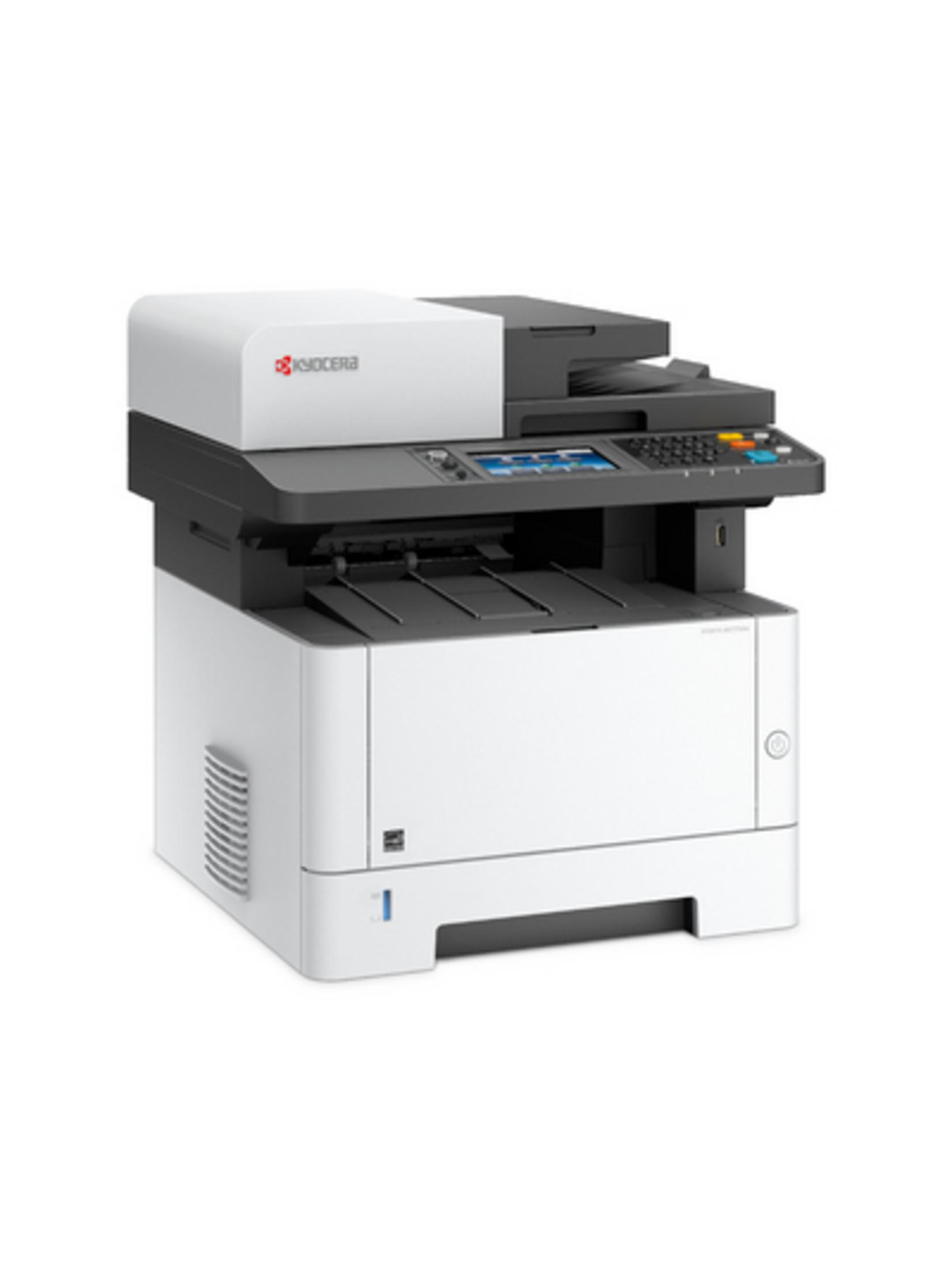 Una stampante multifunzione Kyocera in bianco e nero su sfondo bianco.
