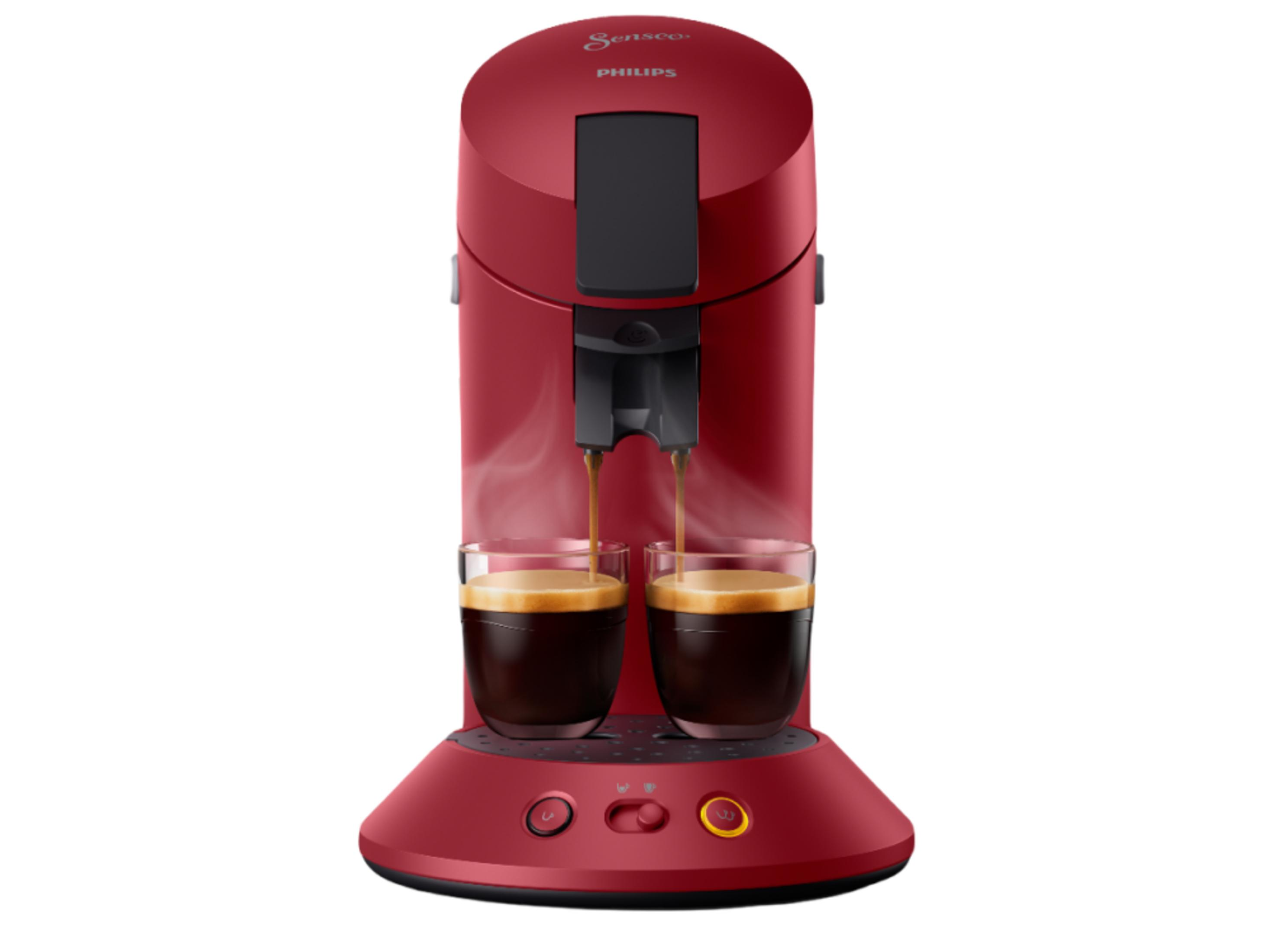 Eine rote Senseo Kaffeemaschine brüht zwei Tassen Kaffee.