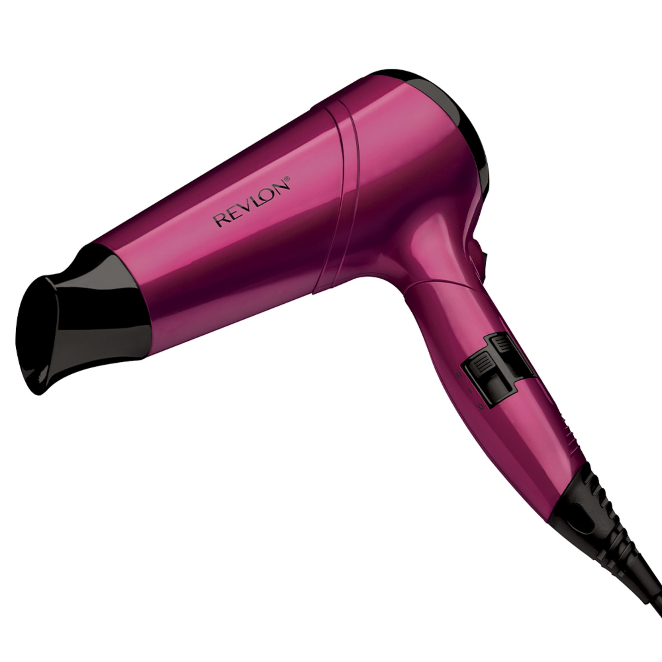 Un secador de pelo Revlon rosa con detalles y controles negros.