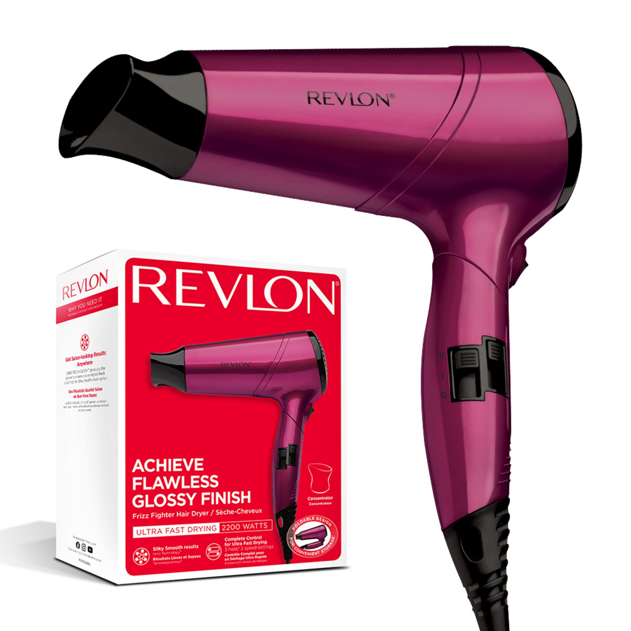 Un secador de pelo Revlon morado con mango negro y su empaque.