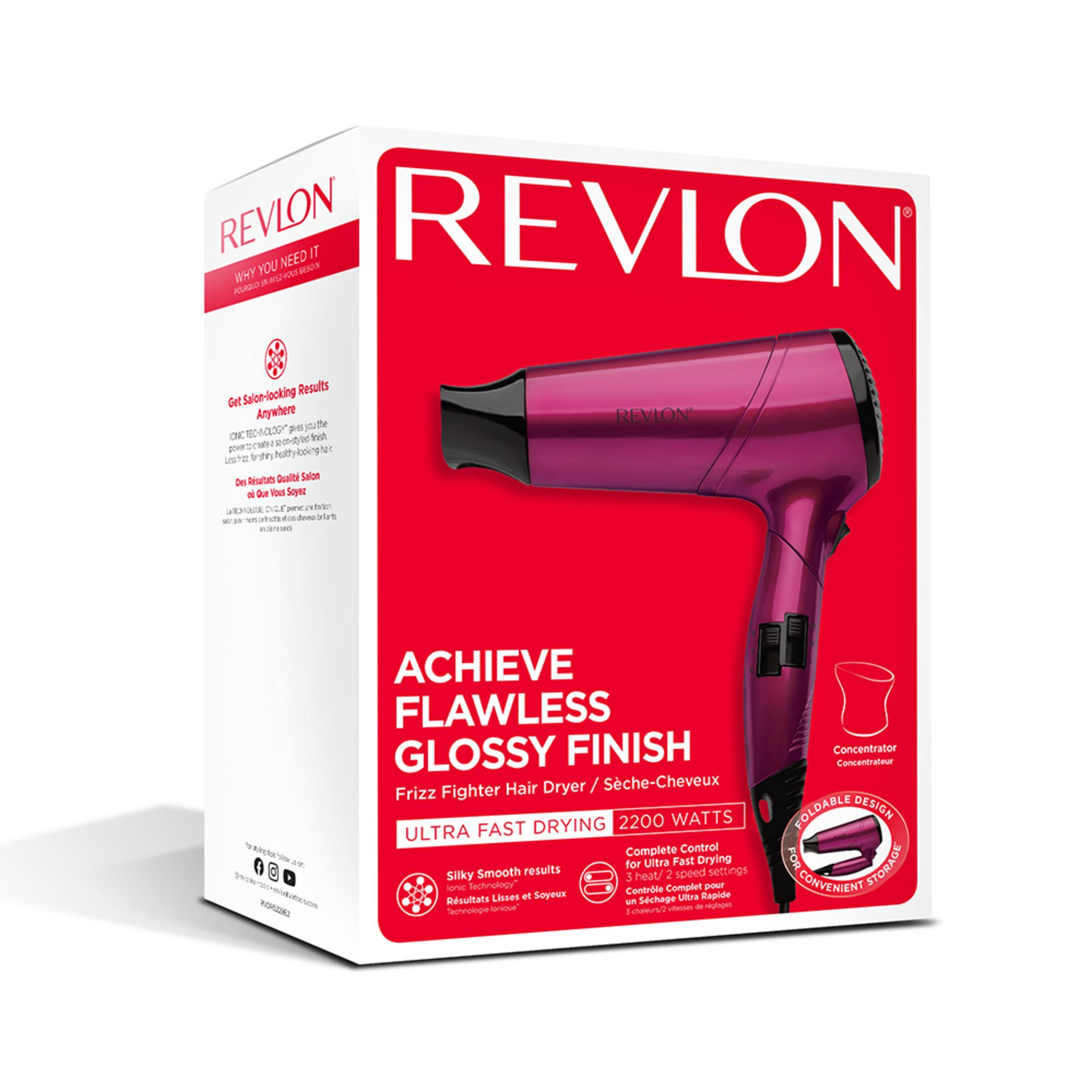 Embalaje de un secador de pelo Revlon rosa con texto sobre potencia y diseño.