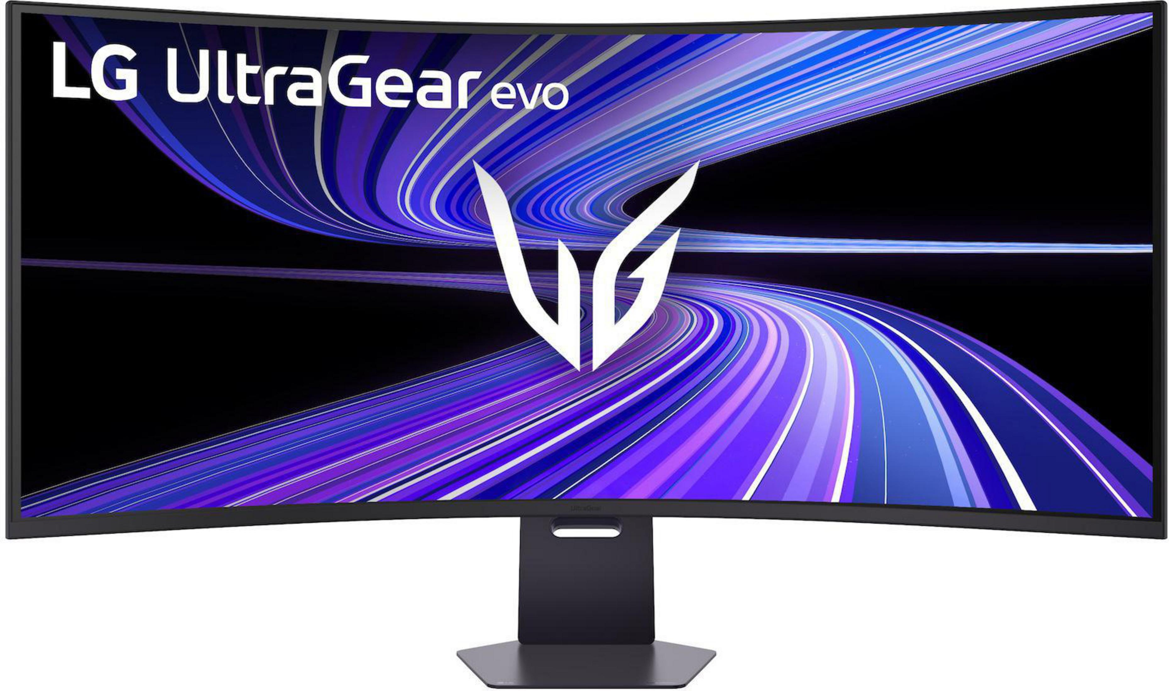 Gebogener LG UltraGear Monitor mit futuristischem lila-blauem abstrakten Hintergrund.