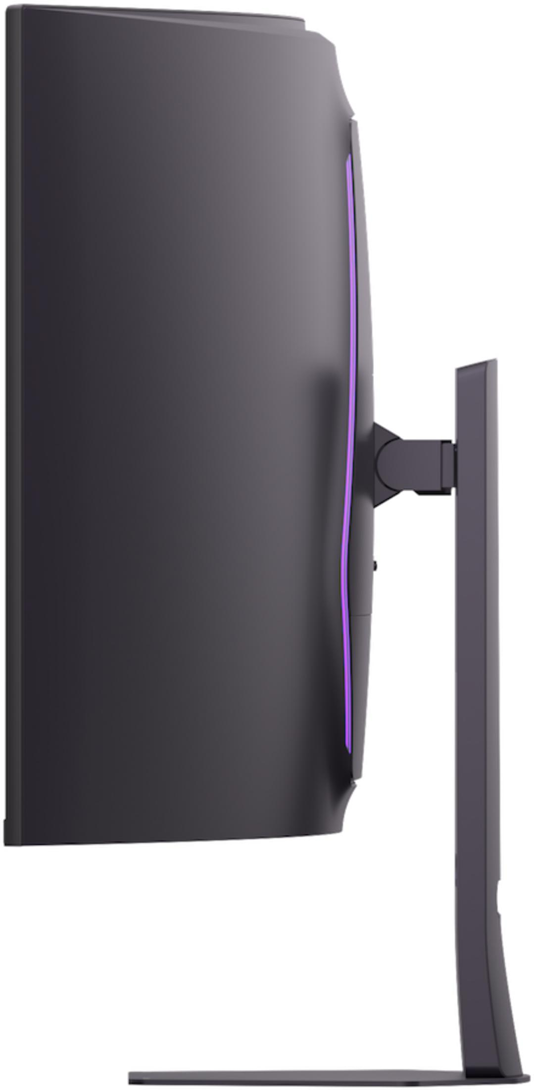 Ein dunkler, gebogener Monitor mit einem violetten Streifen und einem schmalen Ständer.