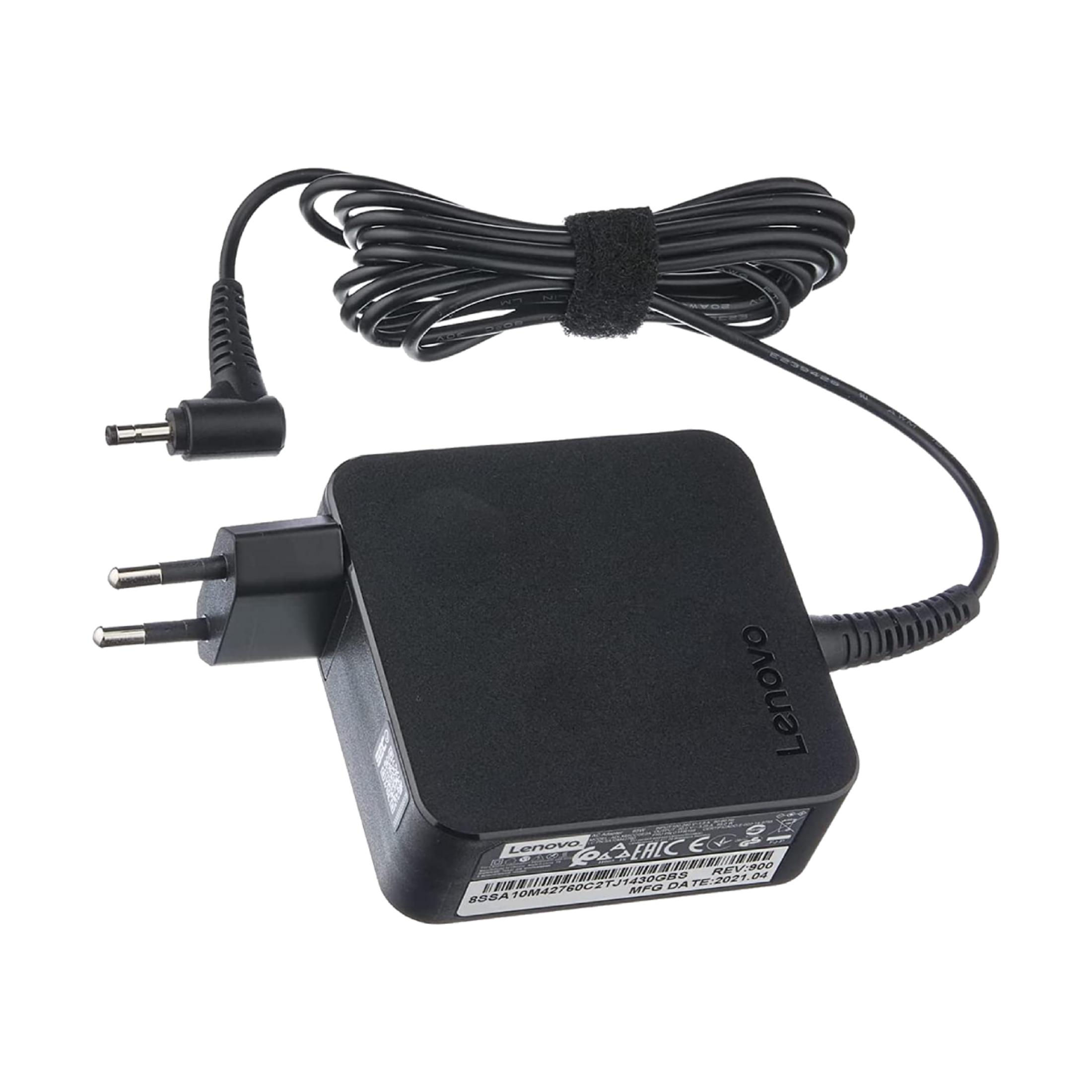 Adaptador de corriente Lenovo negro con cable y enchufe europeo.