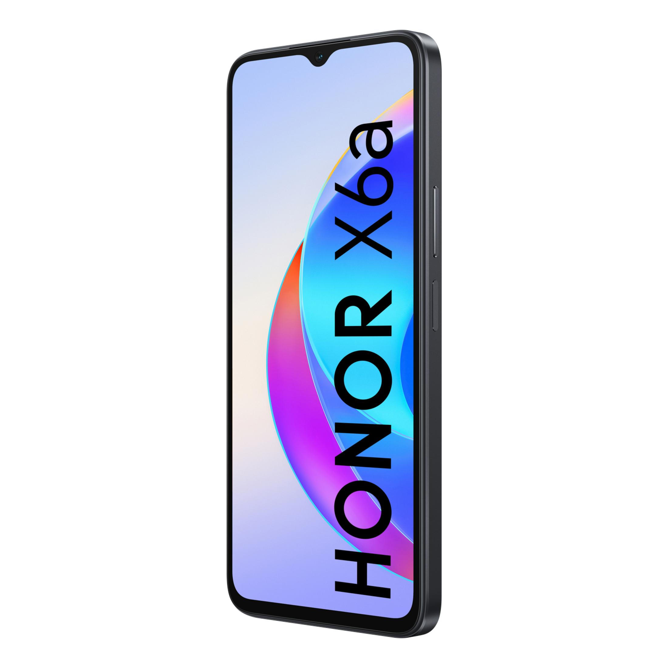 Smartphone Honor X6a scuro con sfumatura sullo schermo.