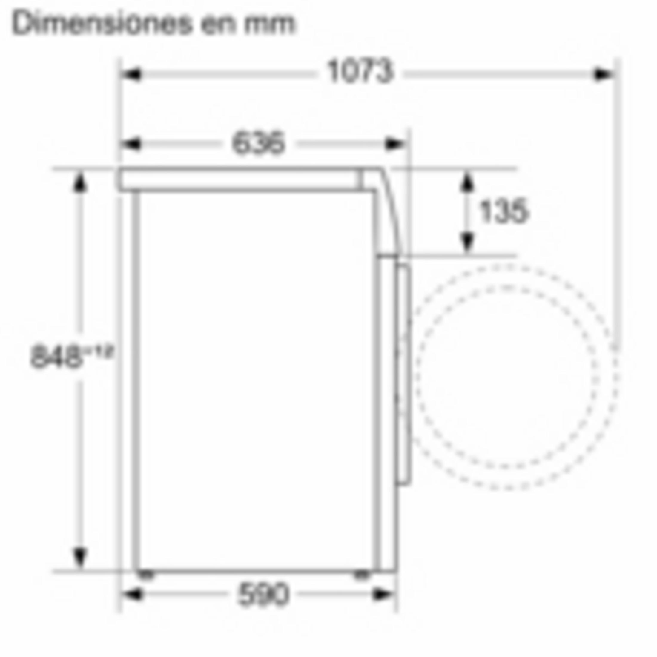 Dibujo técnico de un refrigerador con dimensiones en mm.