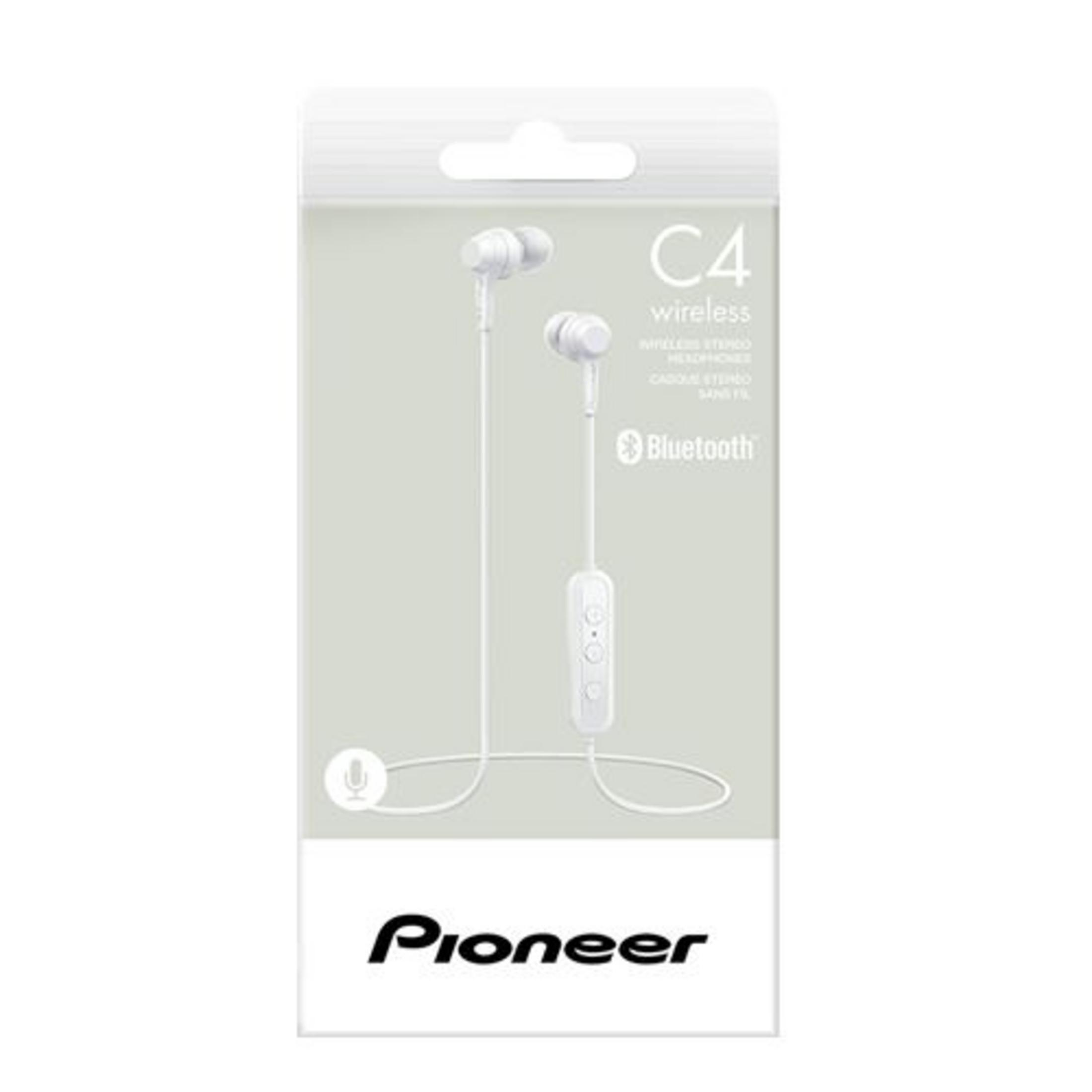 Auriculares Bluetooth Pioneer C4 blancos en embalaje con icono de micrófono.